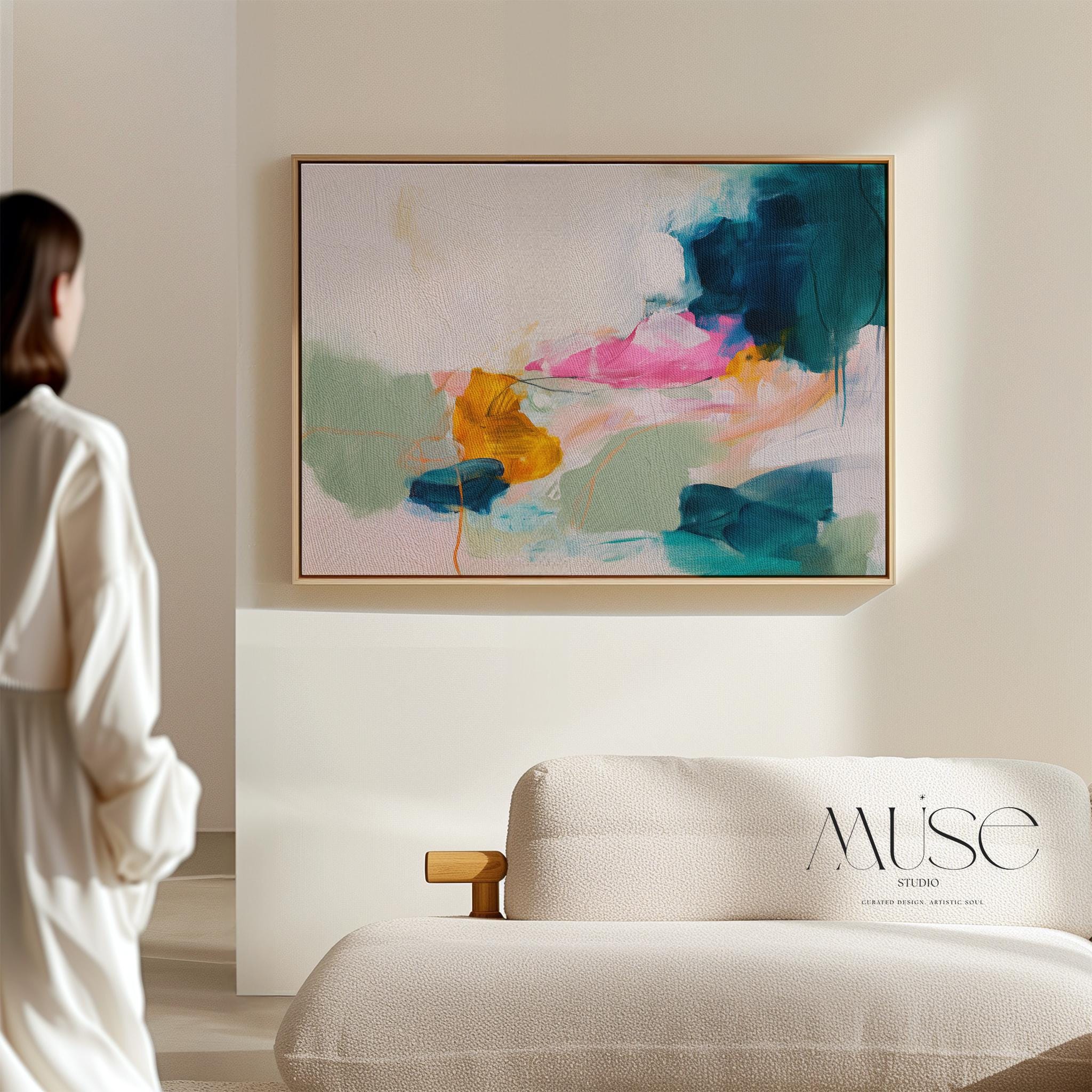 Large Color Pop Canvas Art Pink Green Teal Abstract Painting Dopamine Decor Framed Modern Wall Art for Living Room Bedroom 453