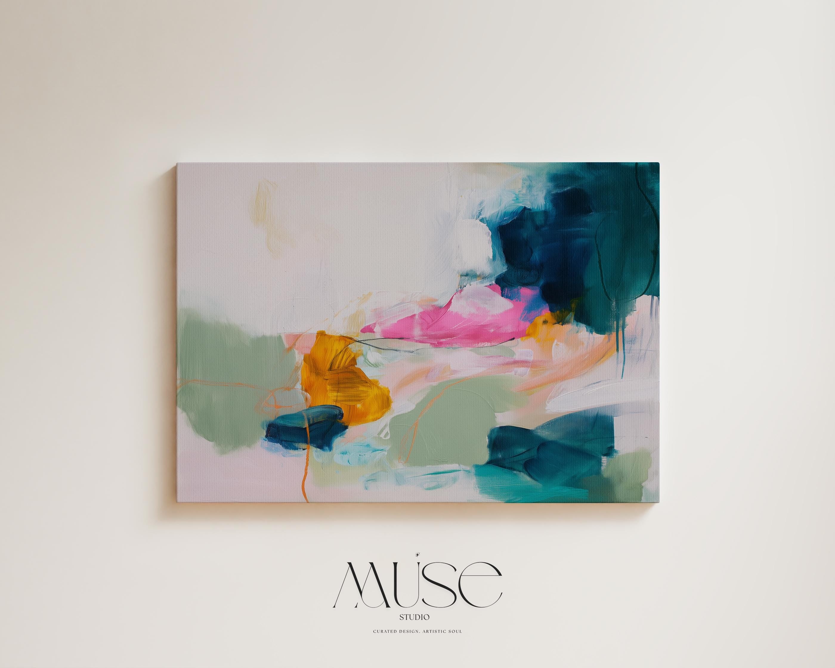 Muse Studio Tide Sonata 1091 coastal seascape wall art featuring deep teal, aqua, blush pink, ochre, and soft sage green abstract brushwork on premium gallery-wrapped canvas, printed with museum-grade giclée inks for a painterly ocean-inspired canvas wall art piece suited to modern coastal, colorful contemporary, and curated living room interiors.