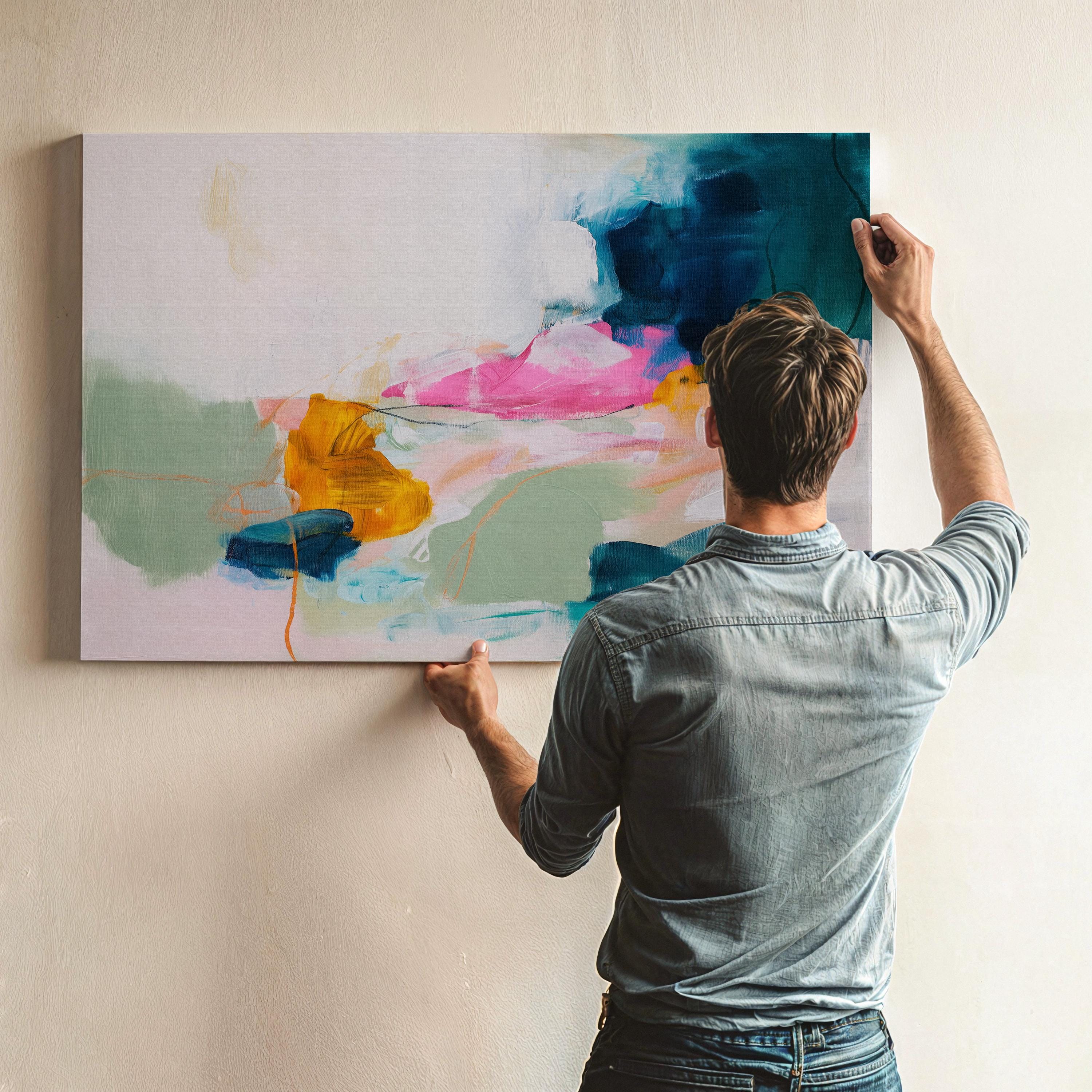 Muse Studio Tide Sonata 1091 coastal seascape wall art featuring deep teal, aqua, blush pink, ochre, and soft sage green abstract brushwork on premium gallery-wrapped canvas, printed with museum-grade giclée inks for a painterly ocean-inspired canvas wall art piece suited to modern coastal, colorful contemporary, and curated living room interiors.