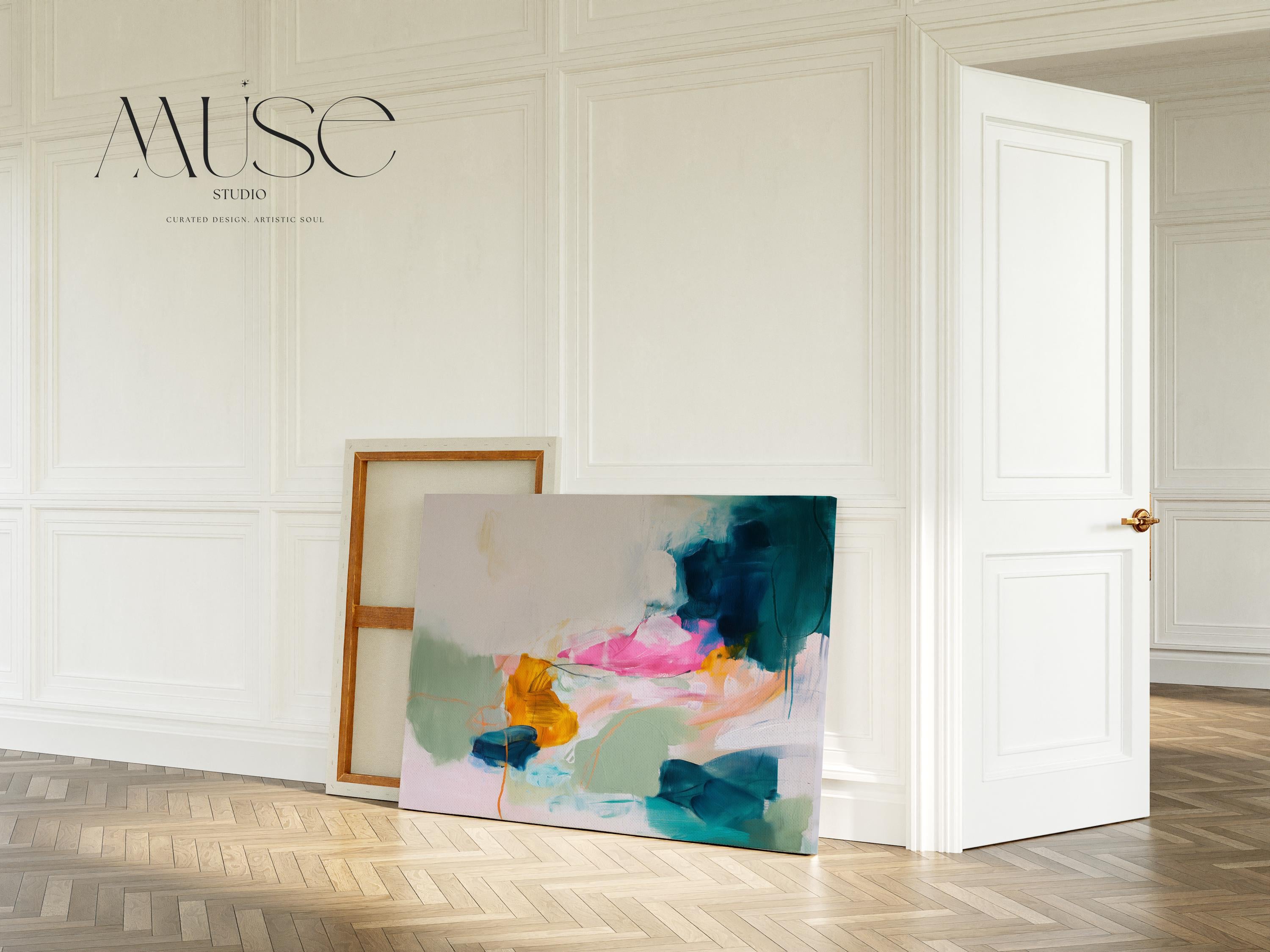 Large Colorful Canvas Wall Art in Pink, Teal, and Yellow, Framed Abstract Painting for Living Room, Modern Statement Decor 453 Stretched Canvas Art Large abstract wall decor on stretched canvas, gallery-wrapped and ready to hang. Perfect for colorful wall art in living rooms, office spaces, and design projects. Giclée canvas print with bold brushwork and vibrant modern style for impactful home decor. Muse Studio Decor Art.