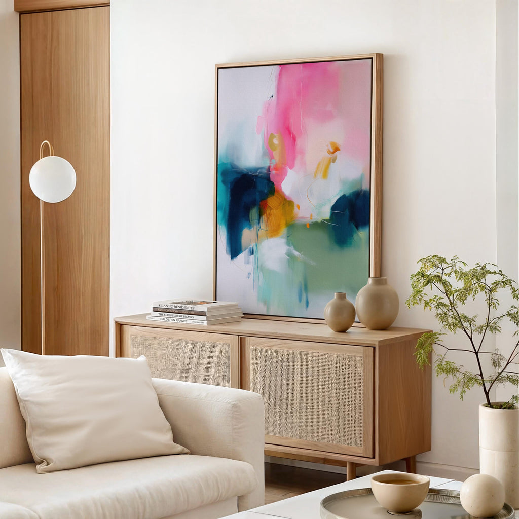 Framed Vertical Canvas Wall Art in Pink and Teal, Warm Minimal Abstract Painting for Living Room or Office, Soft Modern Pastel Decor 455