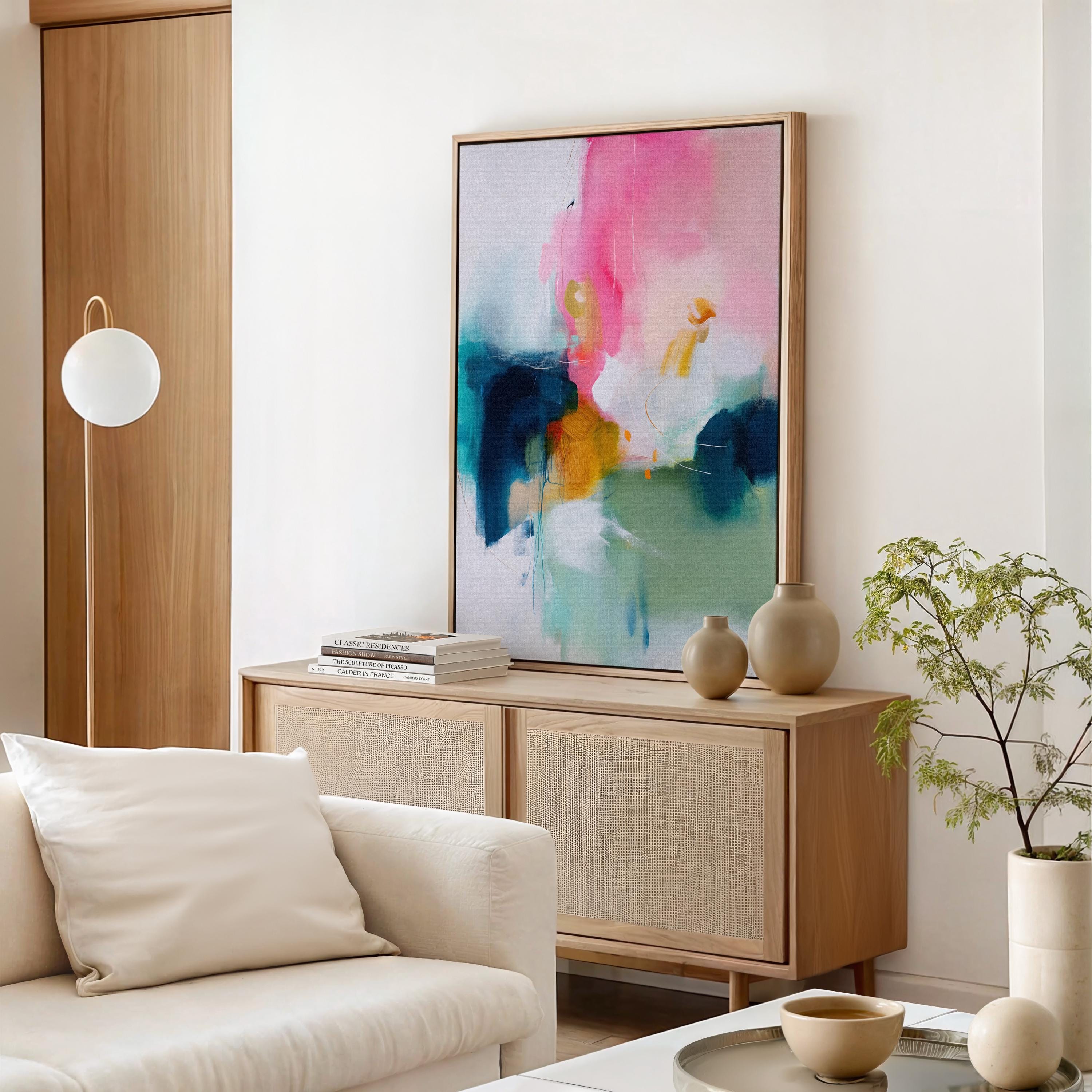 Framed Vertical Canvas Wall Art in Pink and Teal, Warm Minimal Abstract Painting for Living Room or Office, Soft Modern Pastel Decor 455