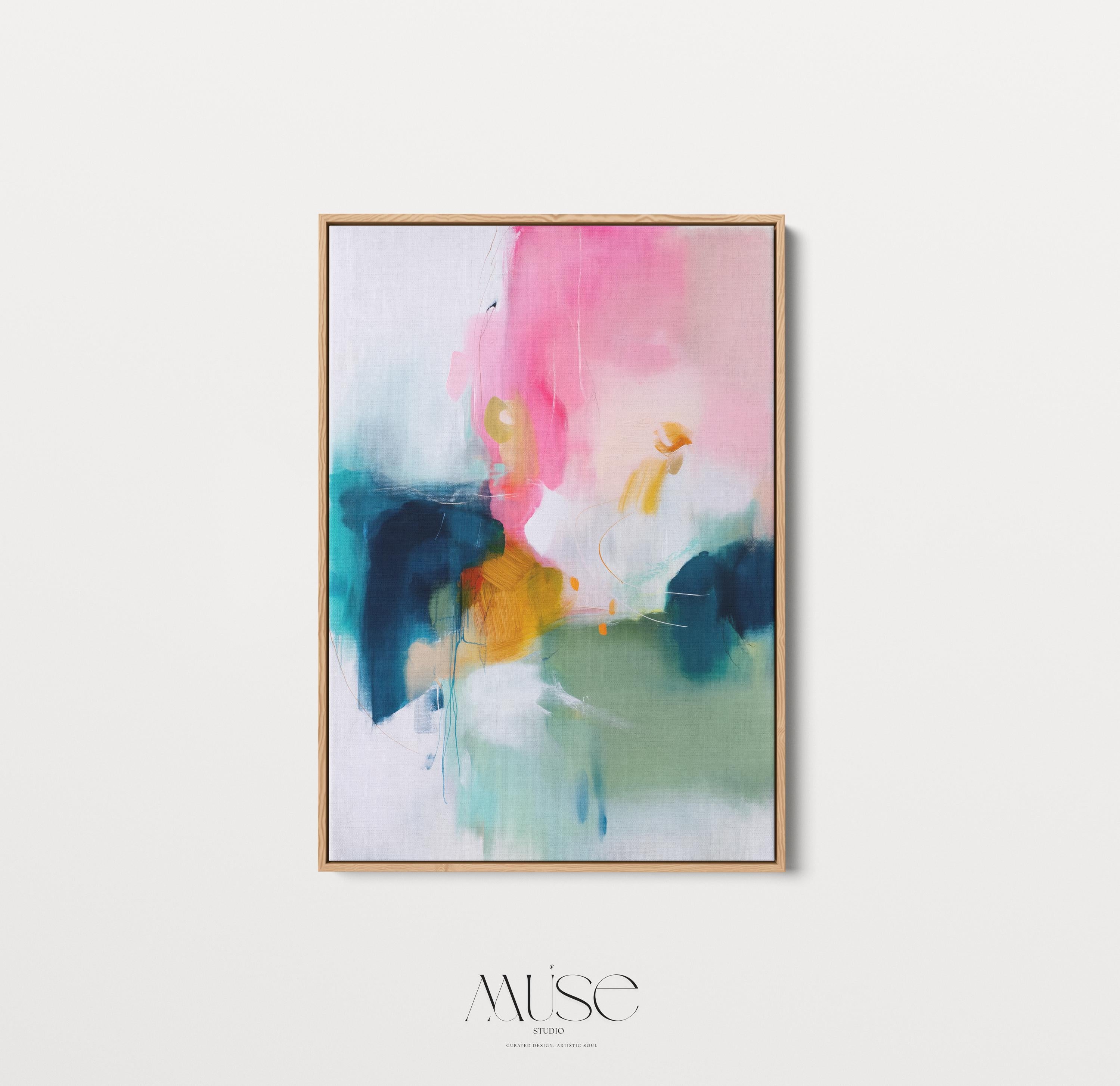 Framed Vertical Canvas Wall Art in Pink and Teal, Warm Minimal Abstract Painting for Living Room or Office, Soft Modern Pastel Decor 455