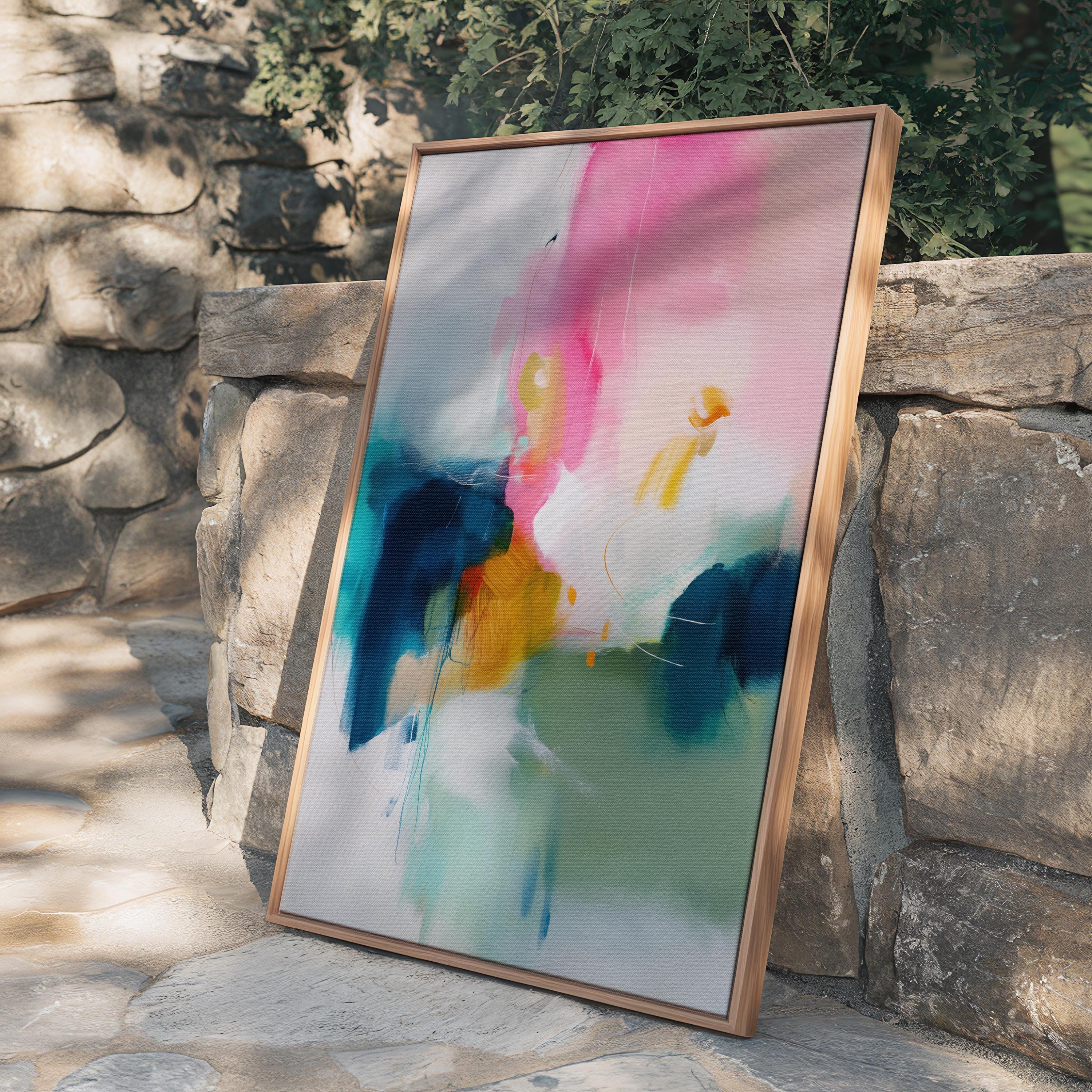Framed Vertical Canvas Wall Art in Pink and Teal, Warm Minimal Abstract Painting for Living Room or Office, Soft Modern Pastel Decor 455