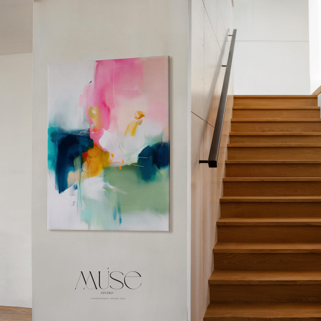 Large Vertical Canvas Wall Art in Pink and Teal, Minimal Abstract Painting for Hallway or Office, Soft Modern Pastel Decor 455