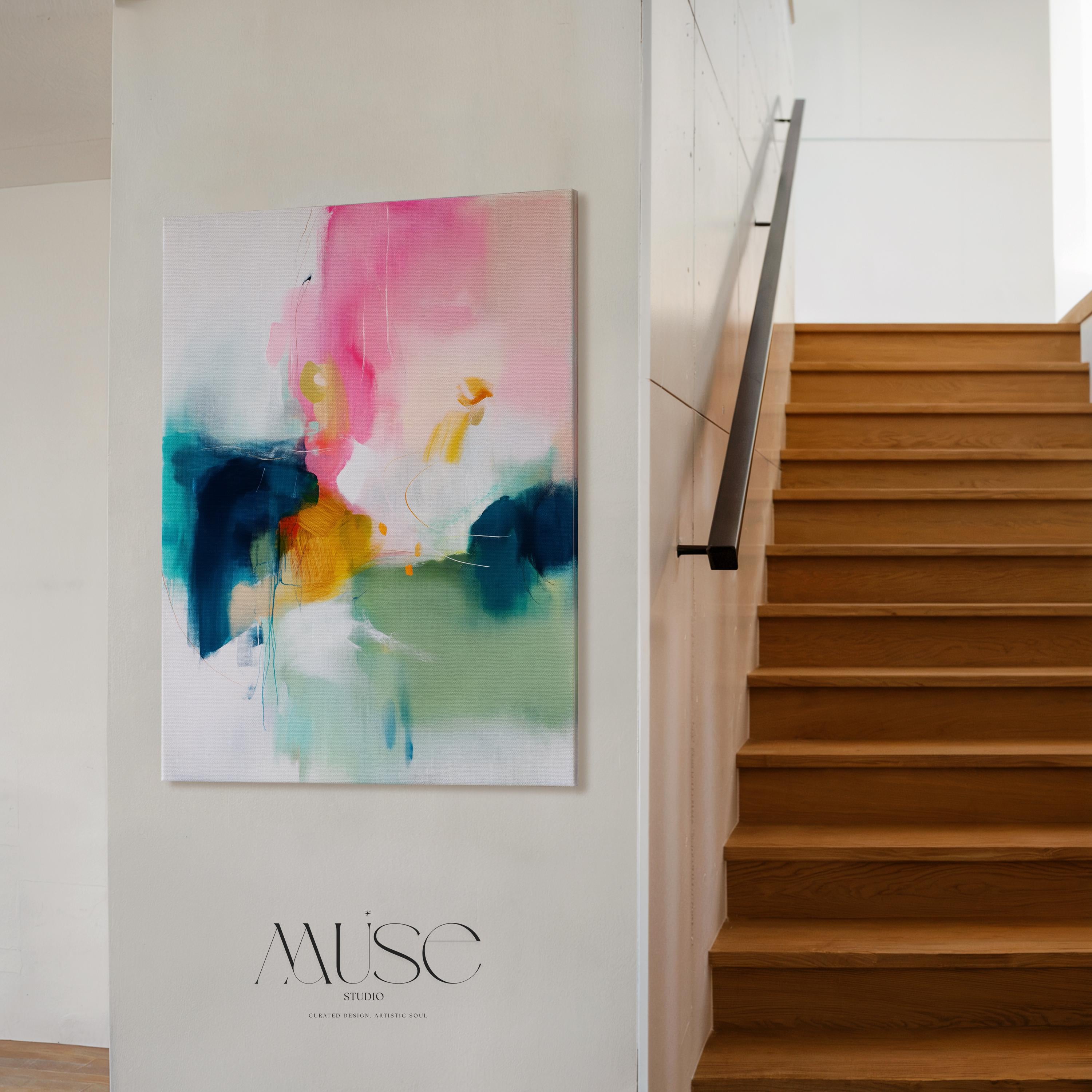 Large Vertical Canvas Wall Art in Pink and Teal, Minimal Abstract Painting for Hallway or Office, Soft Modern Pastel Decor 455