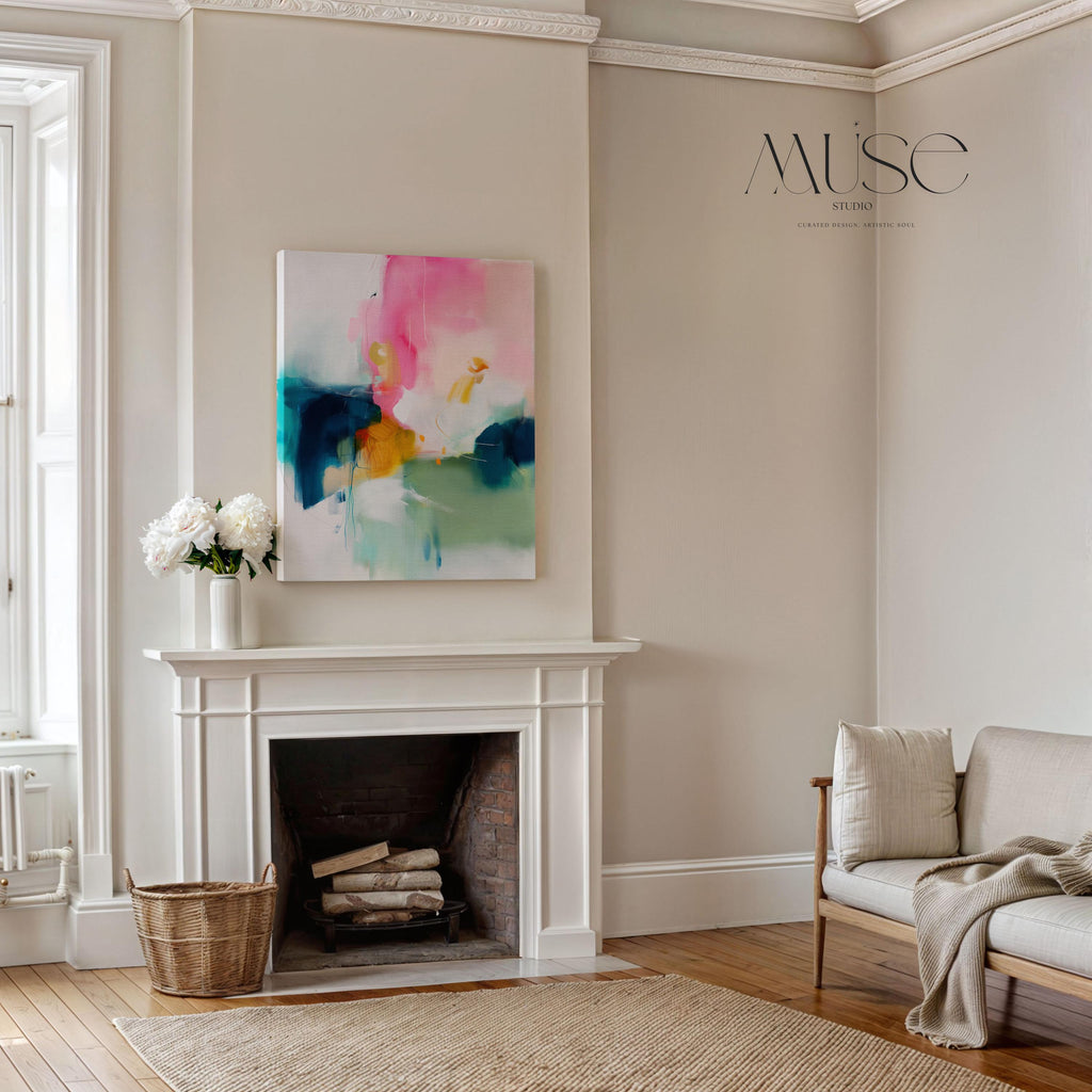 Large Vertical Canvas Wall Art in Pink and Teal, Minimal Abstract Painting for Hallway or Office, Soft Modern Pastel Decor 455