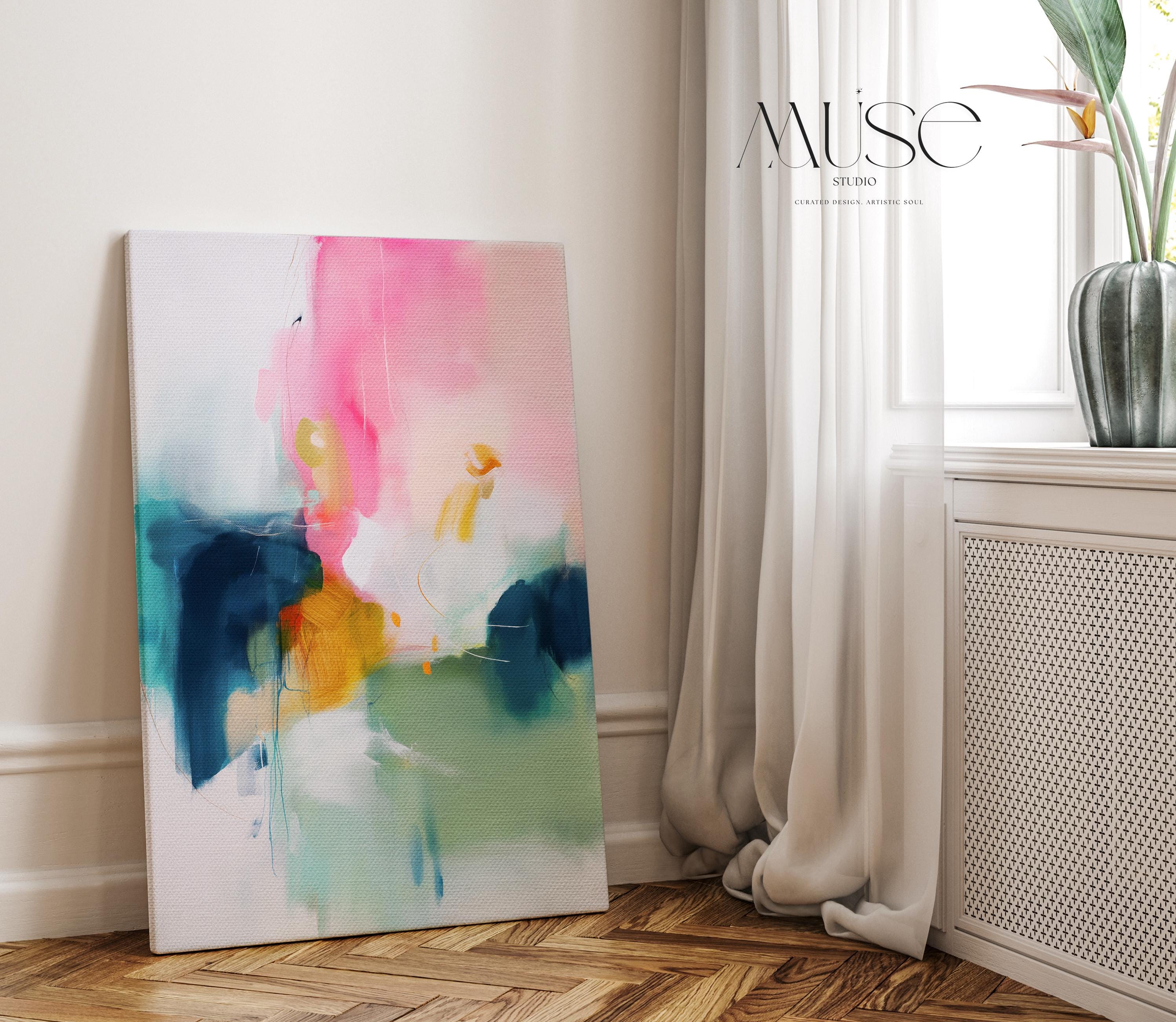 Large Vertical Canvas Wall Art in Pink and Teal, Minimal Abstract Painting for Hallway or Office, Soft Modern Pastel Decor 455