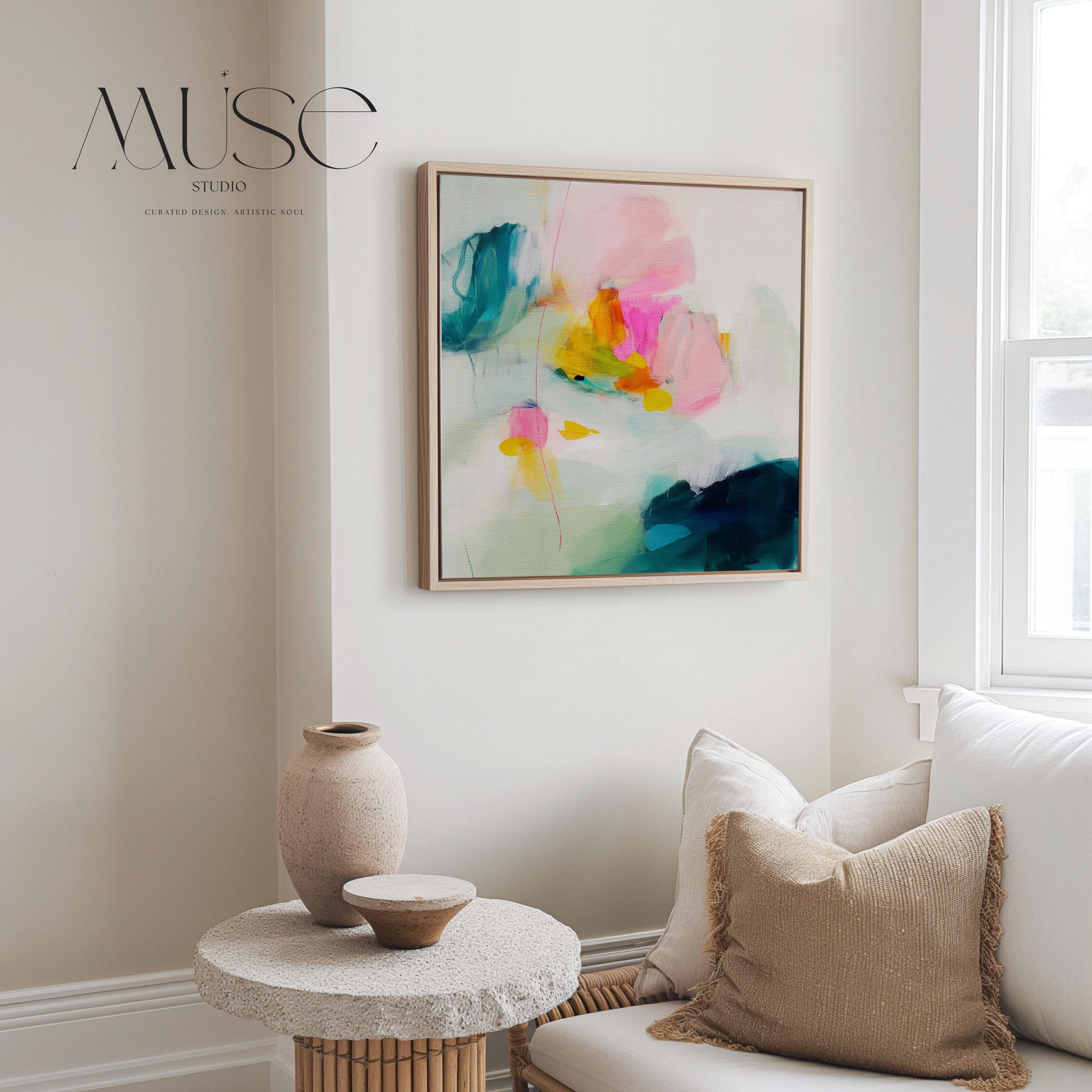 Large Pastel Abstract Canvas Wall Art in Pink, Teal, and Yellow, Framed Soft Neutral Painting for Dining Room or Entryway 454