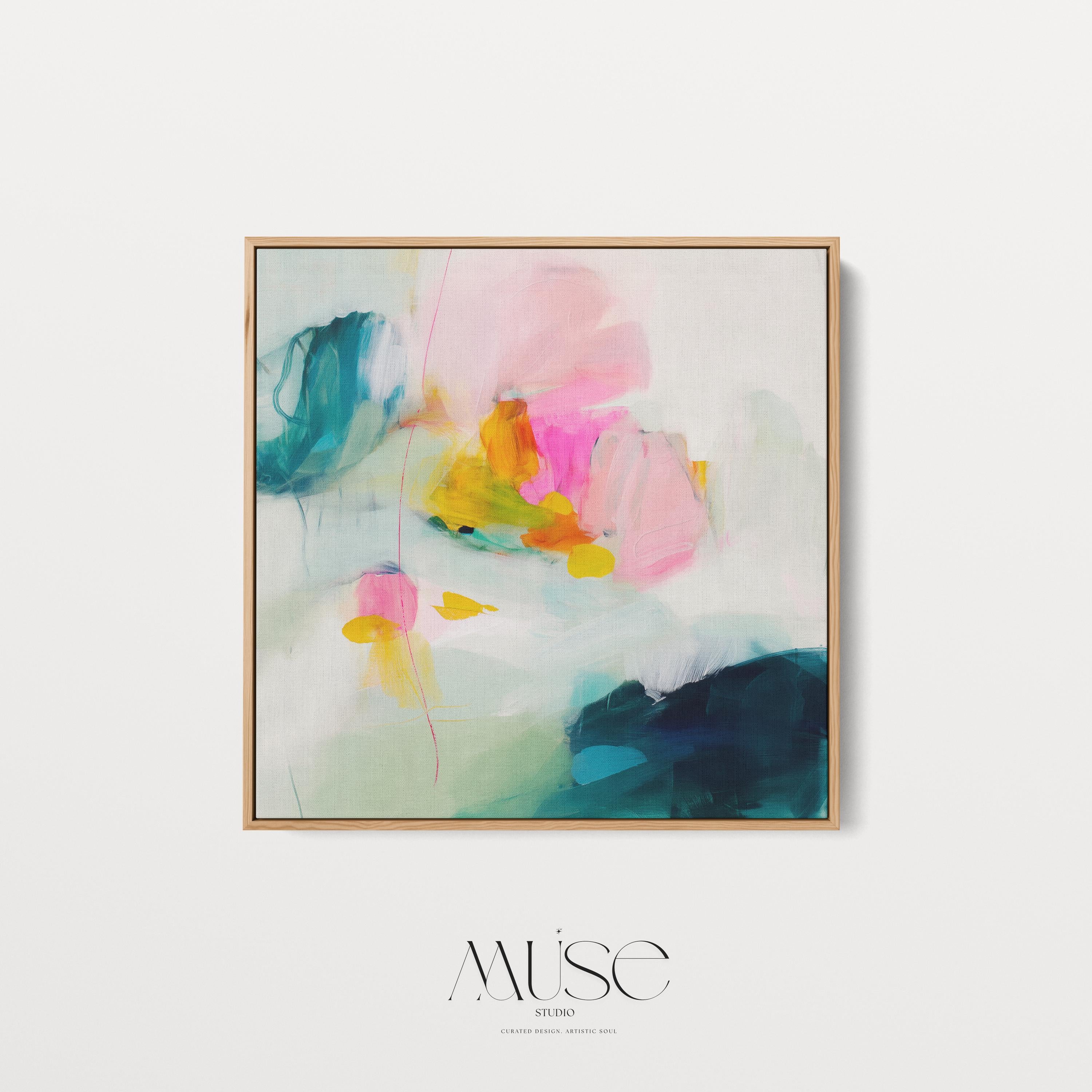 Large Pastel Abstract Canvas Wall Art in Pink, Teal, and Yellow, Framed Soft Neutral Painting for Dining Room or Entryway 454