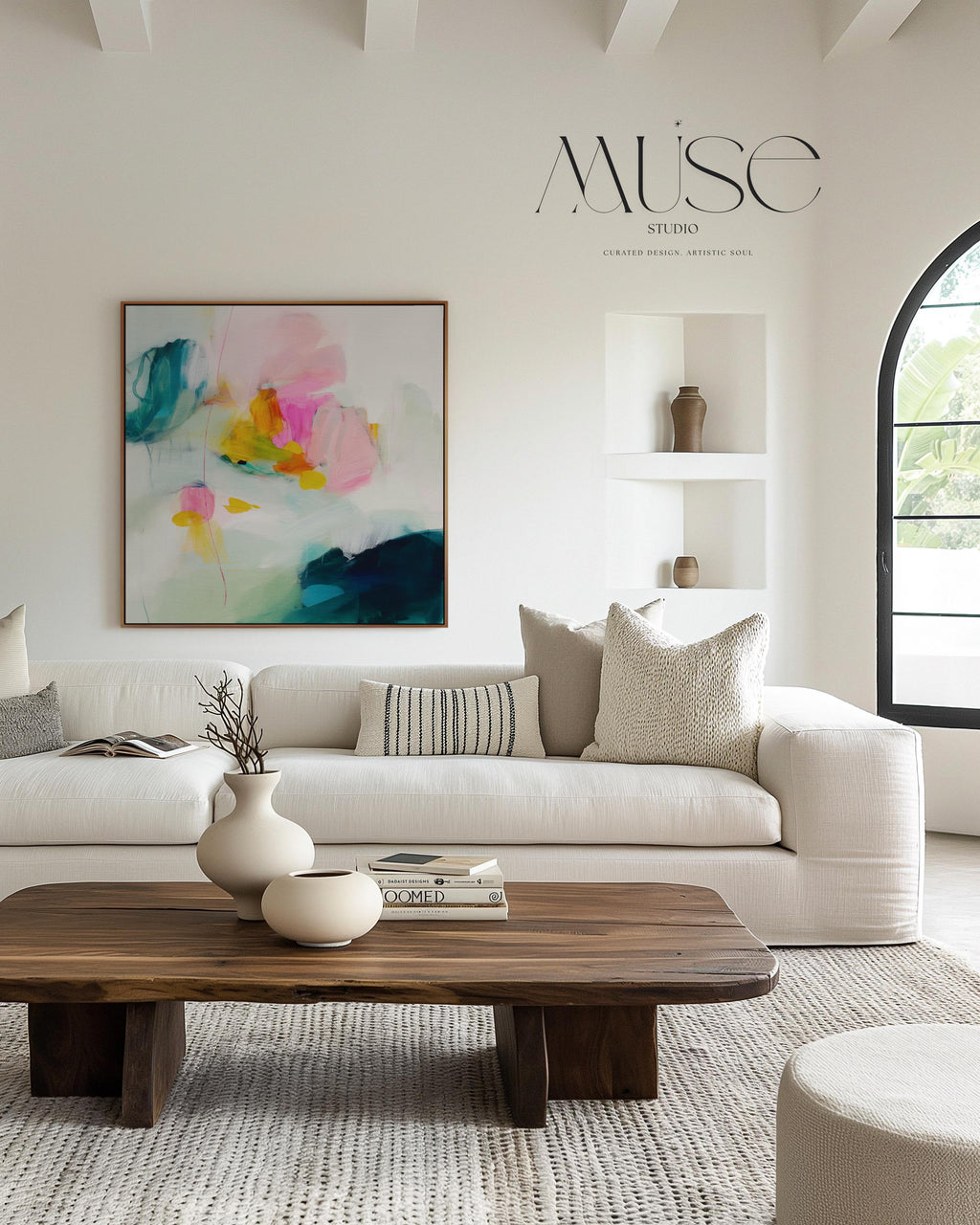 Large Pastel Abstract Canvas Wall Art in Pink, Teal, and Yellow, Framed Soft Neutral Painting for Dining Room or Entryway 454