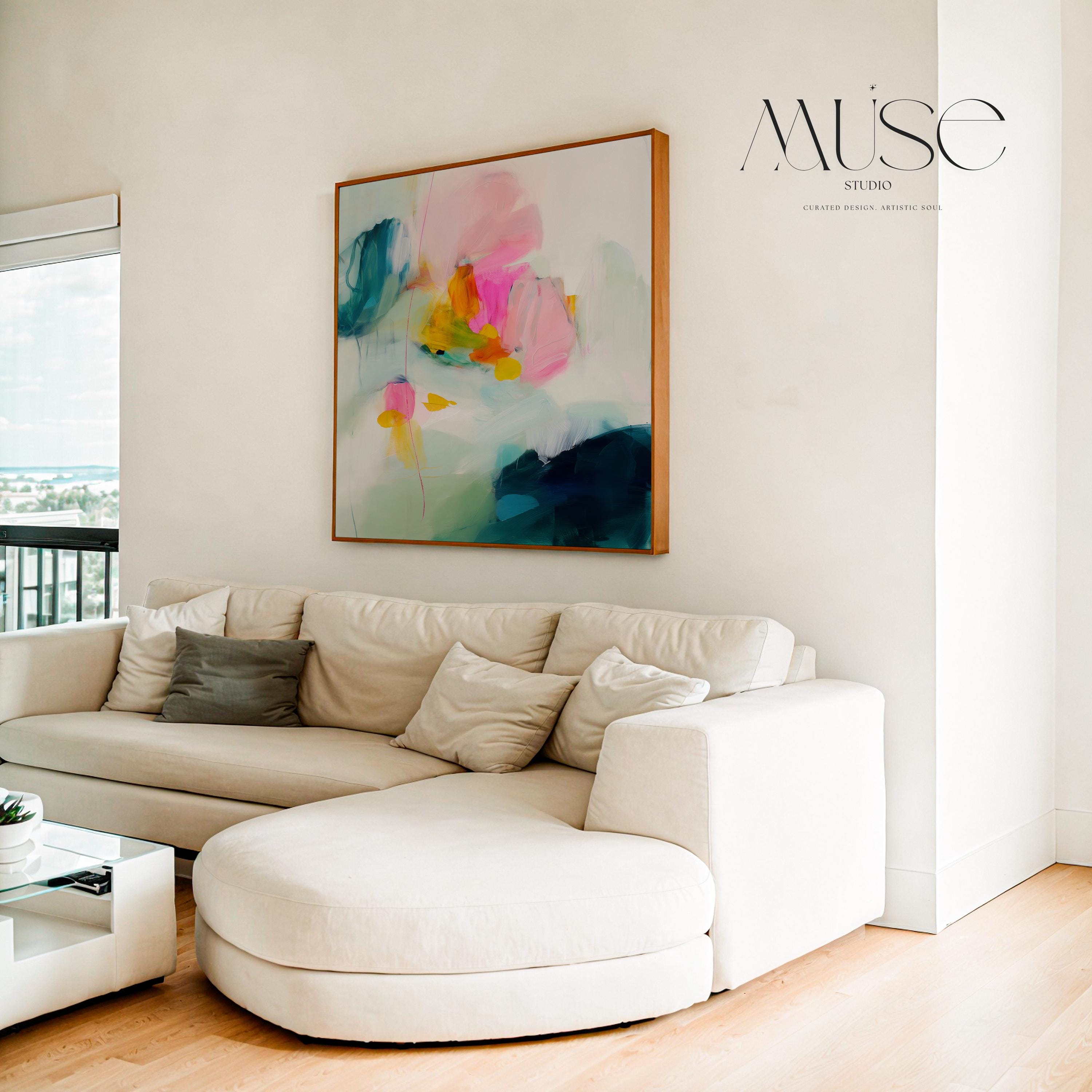 Large Pastel Abstract Canvas Wall Art in Pink, Teal, and Yellow, Framed Soft Neutral Painting for Dining Room or Entryway 454