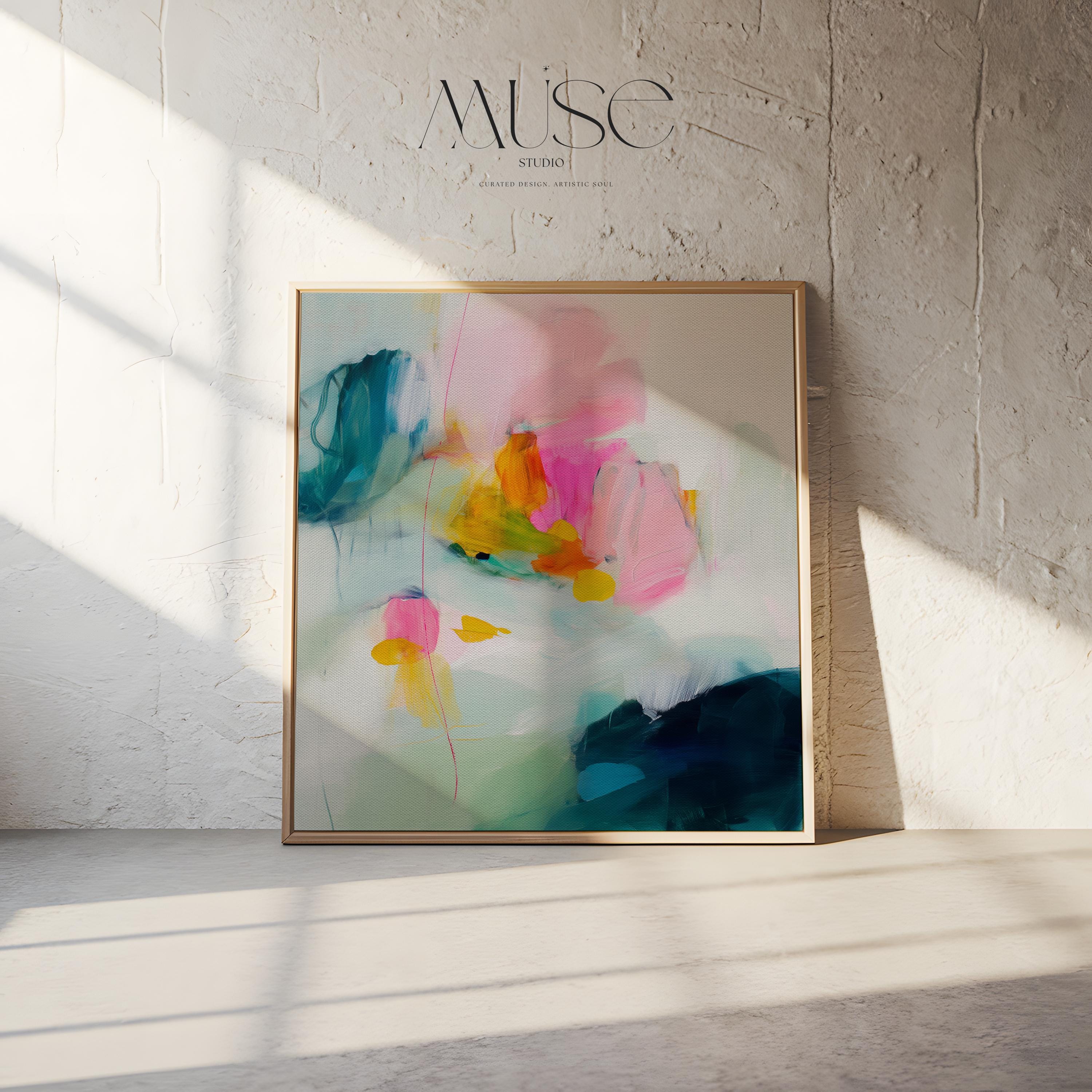 Large Pastel Abstract Canvas Wall Art in Pink, Teal, and Yellow, Framed Soft Neutral Painting for Dining Room or Entryway 454