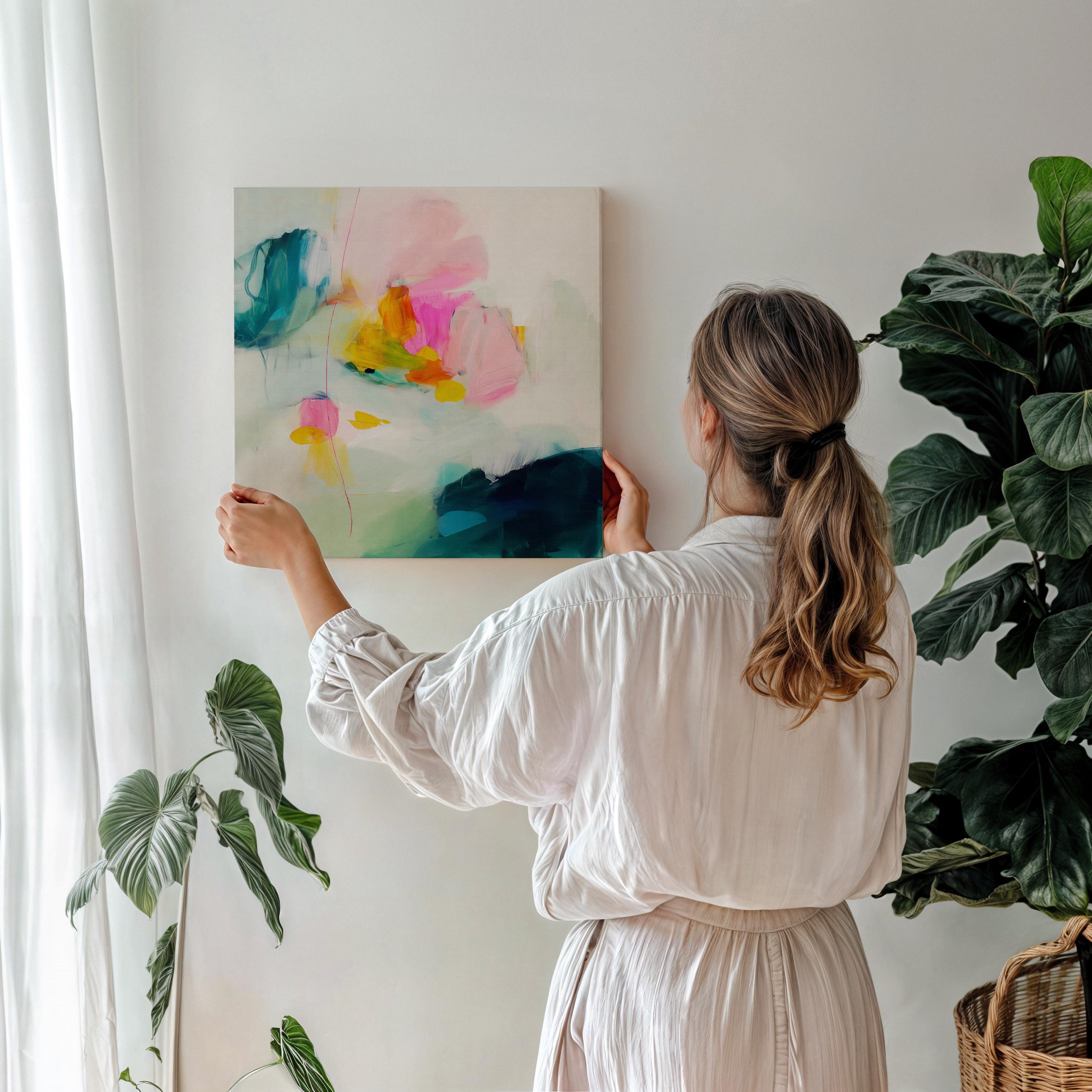 Oversized Canvas Wall Art in Pink, Teal, and Yellow, Framed Abstract Painting for Living Room, Soft Color Pop for Modern Interiors 454