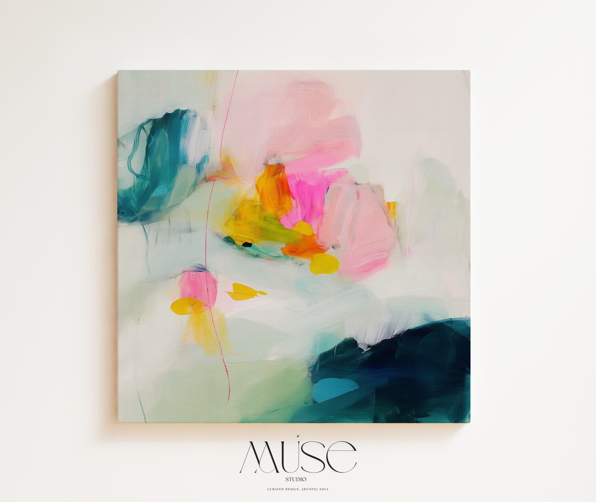 454 by Muse Studio & Co. oversized vertical abstract canvas wall art in pink, teal, and yellow tones, printed with museum-grade giclée inks on premium gallery-wrapped canvas, styled as a colorful statement piece in a bright preppy modern living room with designer interiors.