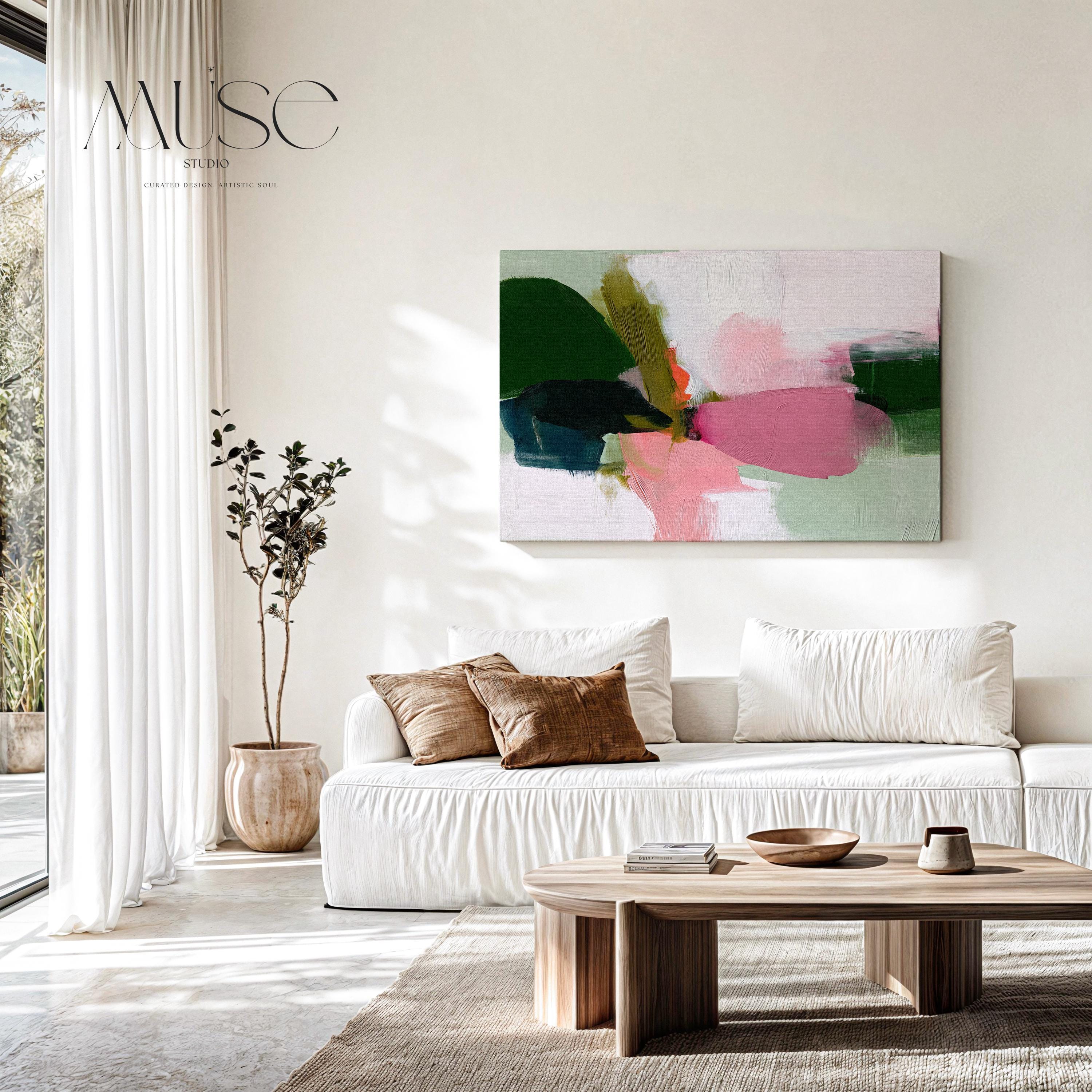 Bold Abstract Canvas Wall Art in Green and Pink, Large Modern Painting for Living Room or Dining Room, Soft Neutral Statement Piece 430