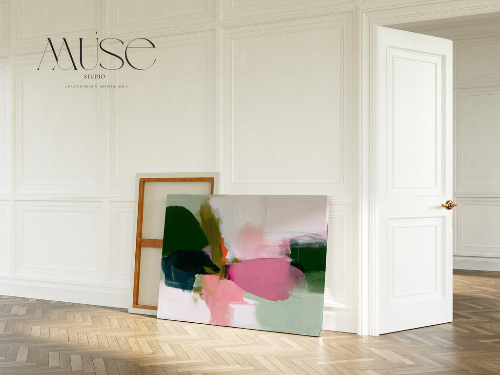 Bold Abstract Canvas Wall Art in Green and Pink, Large Modern Painting for Living Room or Dining Room, Soft Neutral Statement Piece 430