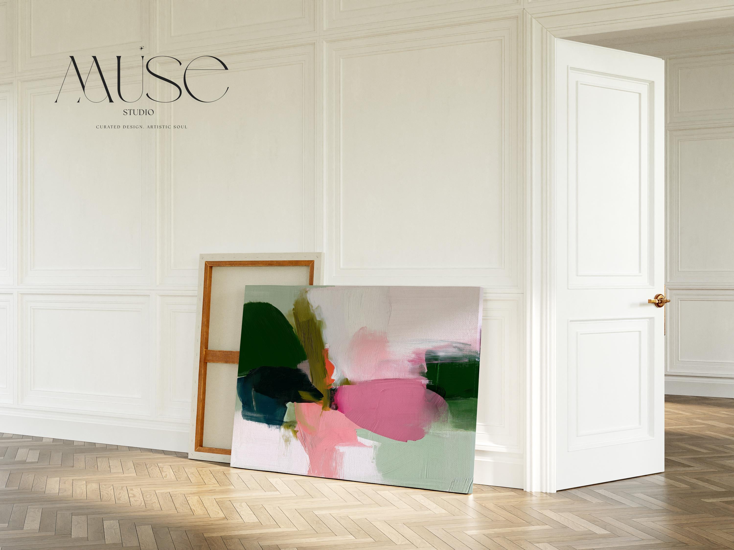 Bold Abstract Canvas Wall Art in Green and Pink, Large Modern Painting for Living Room or Dining Room, Soft Neutral Statement Piece 430