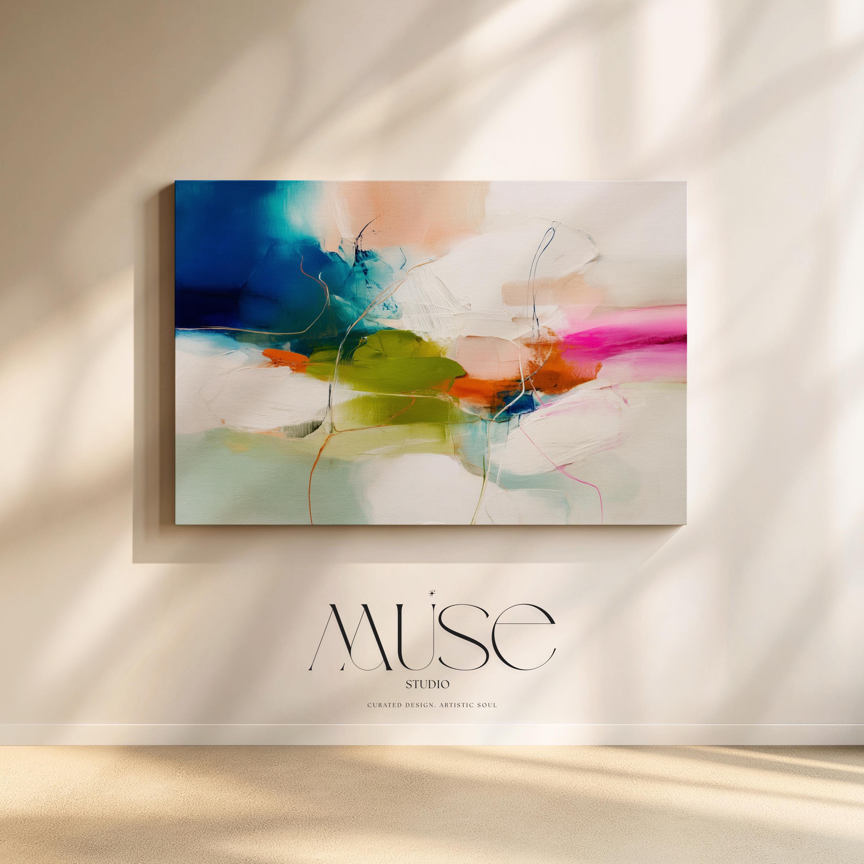 Color Pop Abstract Canvas Wall Art in Blue Pink and Green, Oversized Modern Painting for Living Room or Office, Eclectic Decor 452 Stretched Canvas Art Large abstract wall decor on stretched canvas, gallery-wrapped and ready to hang. Perfect for colorful wall art in living rooms, office spaces, and design projects. Giclée canvas print with bold brushwork and vibrant modern style for impactful home decor. Muse Studio Decor Art.