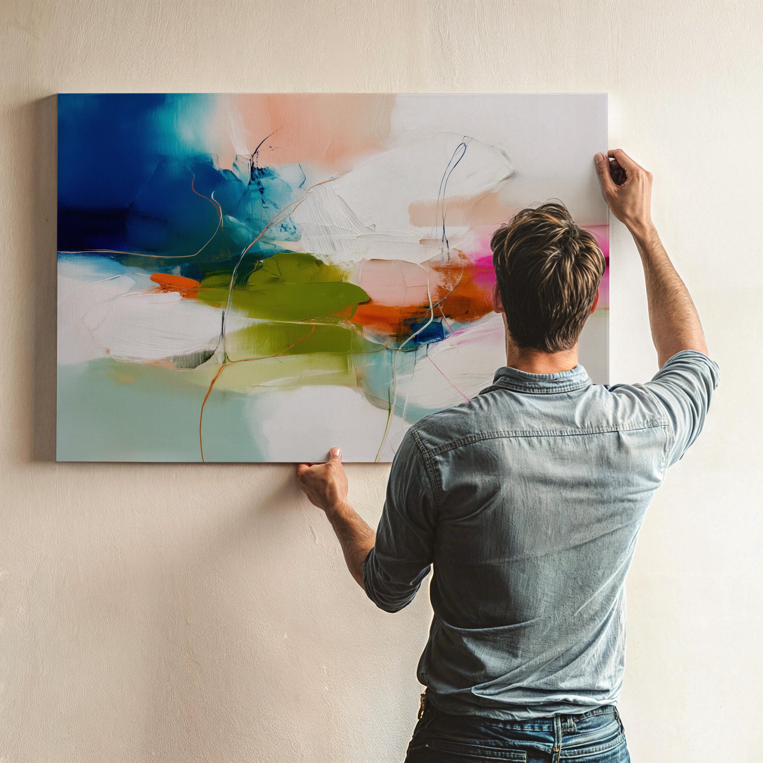 Color Pop Abstract Canvas Wall Art in Blue Pink and Green, Oversized Modern Painting for Living Room or Office, Eclectic Decor 452