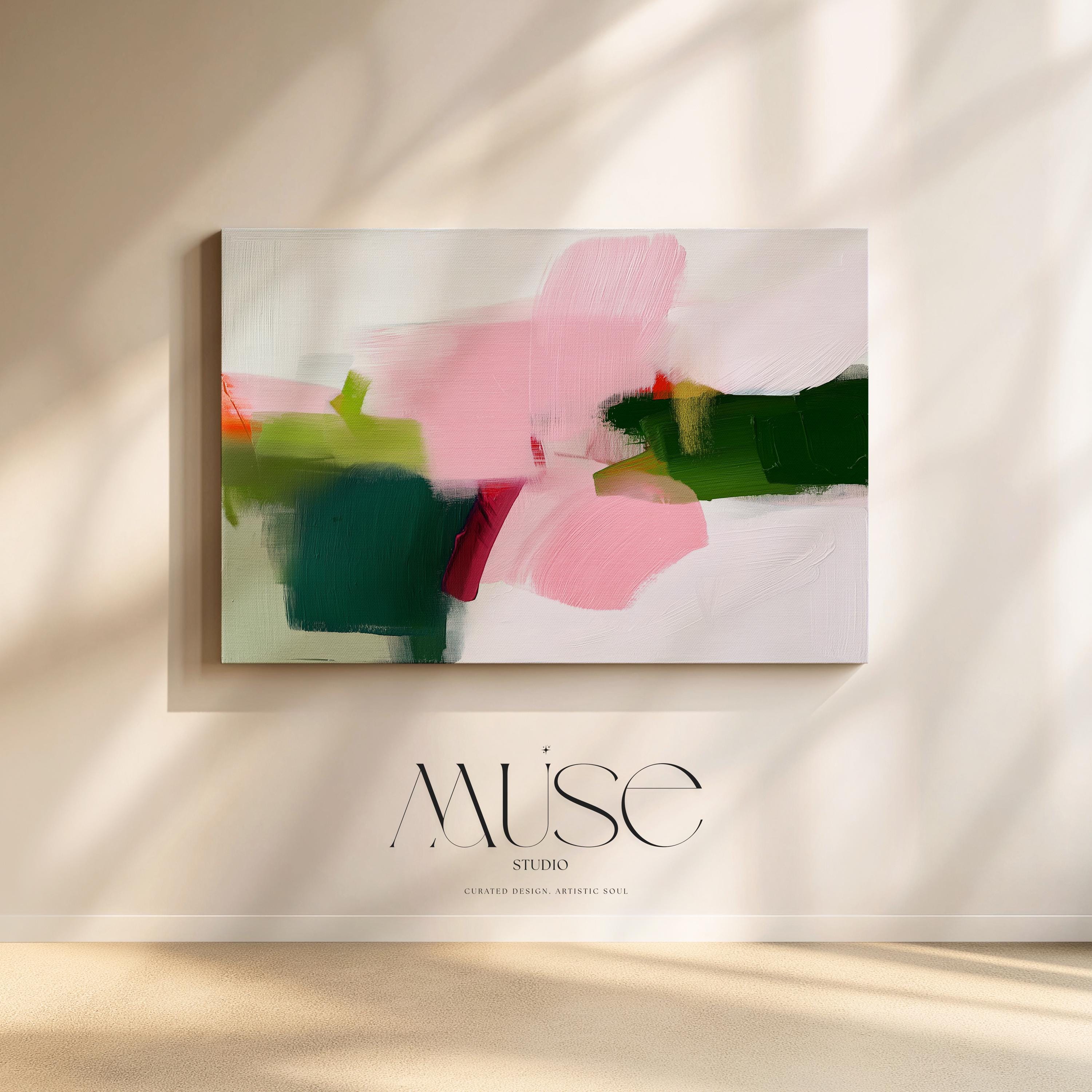 Bold Modern Abstract Canvas Wall Art in Pink and Green, Oversized Minimalist Painting for Living Room or Office, Contemporary Decor 431 Stretched Canvas Art Large abstract wall decor on stretched canvas, gallery-wrapped and ready to hang. Perfect for colorful wall art in living rooms, office spaces, and design projects. Giclée canvas print with bold brushwork and vibrant modern style for impactful home decor. Muse Studio Decor Art.