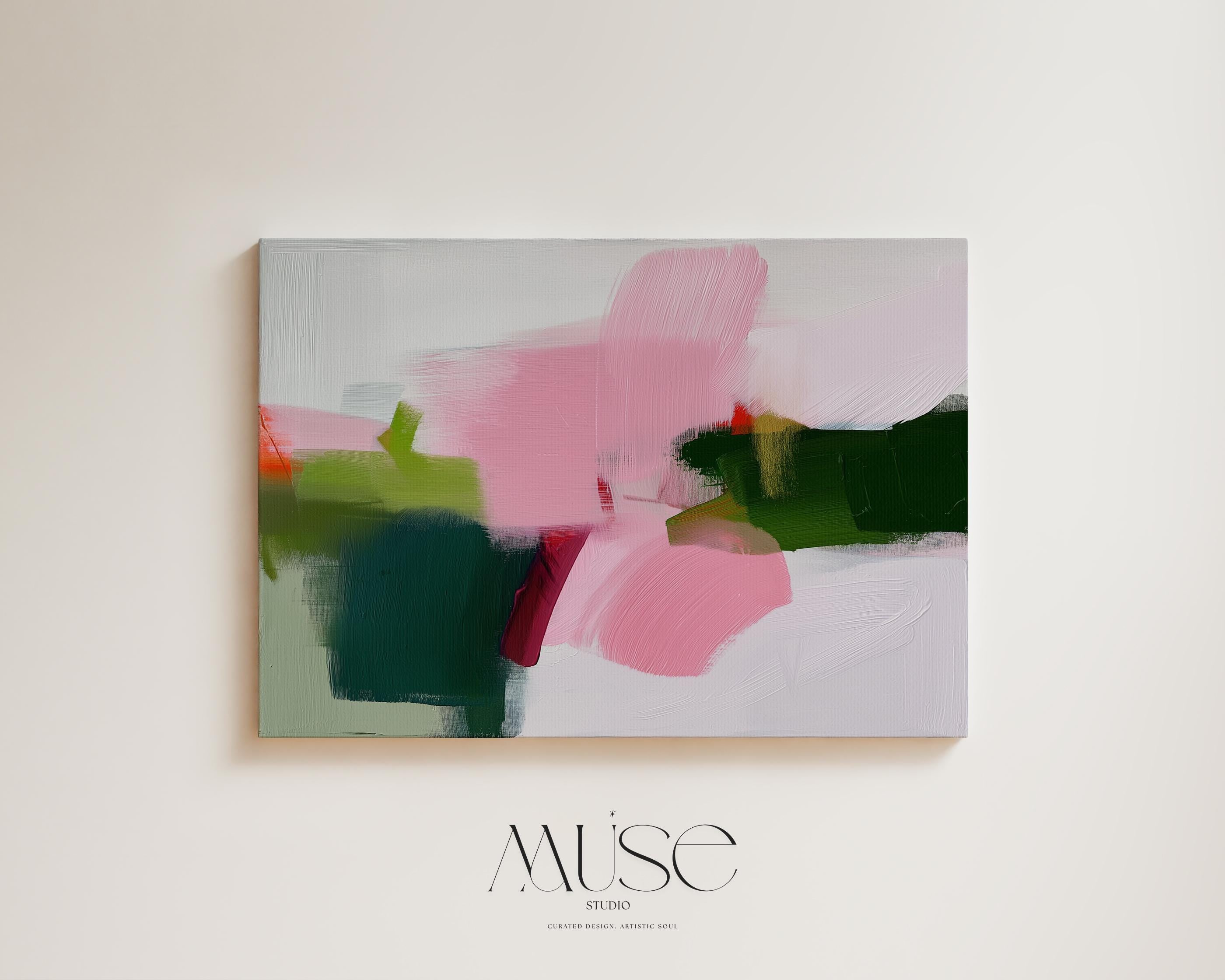 Bold Modern Abstract Canvas Wall Art in Pink and Green, Oversized Minimalist Painting for Living Room or Office, Contemporary Decor 431 Stretched Canvas Art Large abstract wall decor on stretched canvas, gallery-wrapped and ready to hang. Perfect for colorful wall art in living rooms, office spaces, and design projects. Giclée canvas print with bold brushwork and vibrant modern style for impactful home decor. Muse Studio Decor Art.