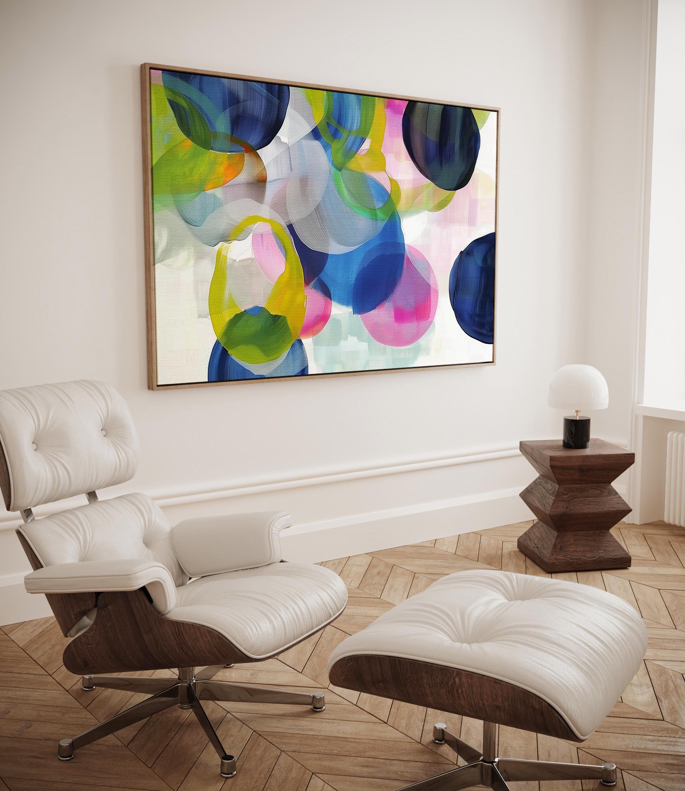Colorful Abstract Wall Art in Navy Blue Green Pink and Lemon Modern Horizontal Canvas Painting for Living Room or Bedroom Decor | 378