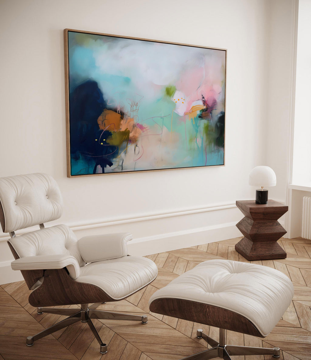 Horizontal teal green abstract framed wall art by Muse Studio, Tide Pools 428. Coastal-inspired modern artwork with layered aqua, seafoam, and deep teal movement printed with museum-grade giclée inks on premium gallery-wrapped artist canvas, styled for beach houses, offices, and serene living rooms.
