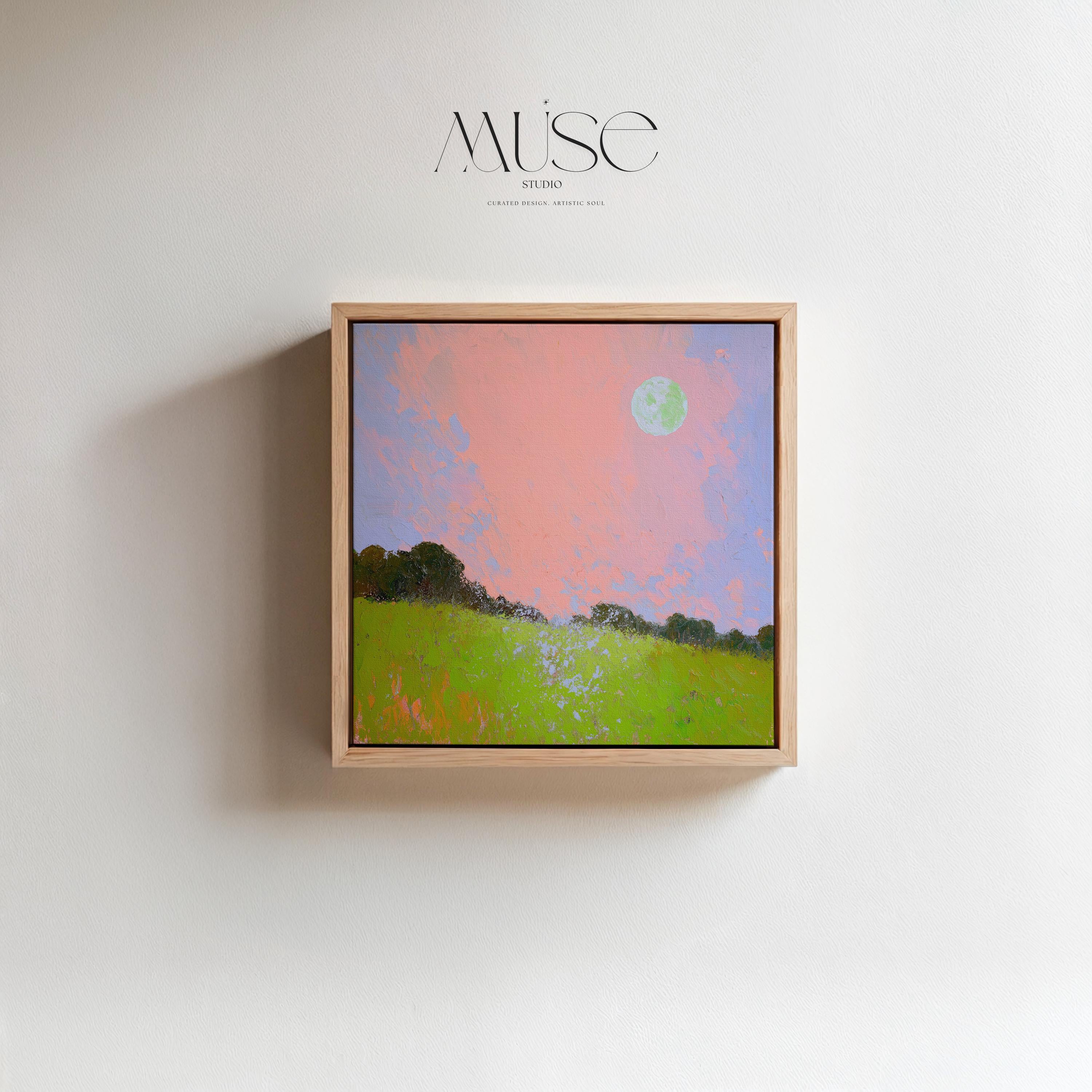 Framed Landscape Canvas Art Pink Sky Green Field Nature Inspired Surreal Whimsy Square Wall Decor for Bedroom Entryway Living Room 457