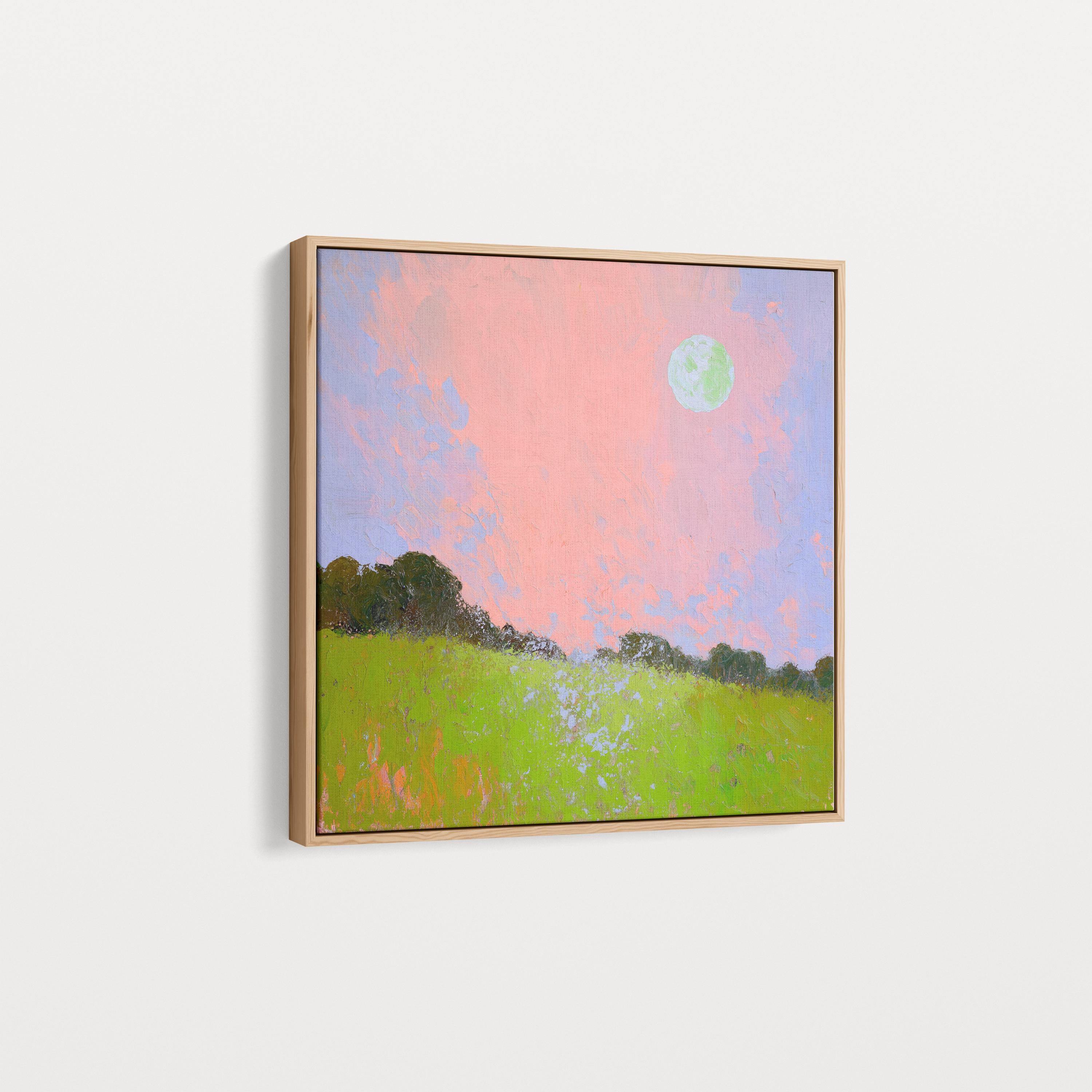 Framed Landscape Canvas Art Pink Sky Green Field Nature Inspired Surreal Whimsy Square Wall Decor for Bedroom Entryway Living Room 457