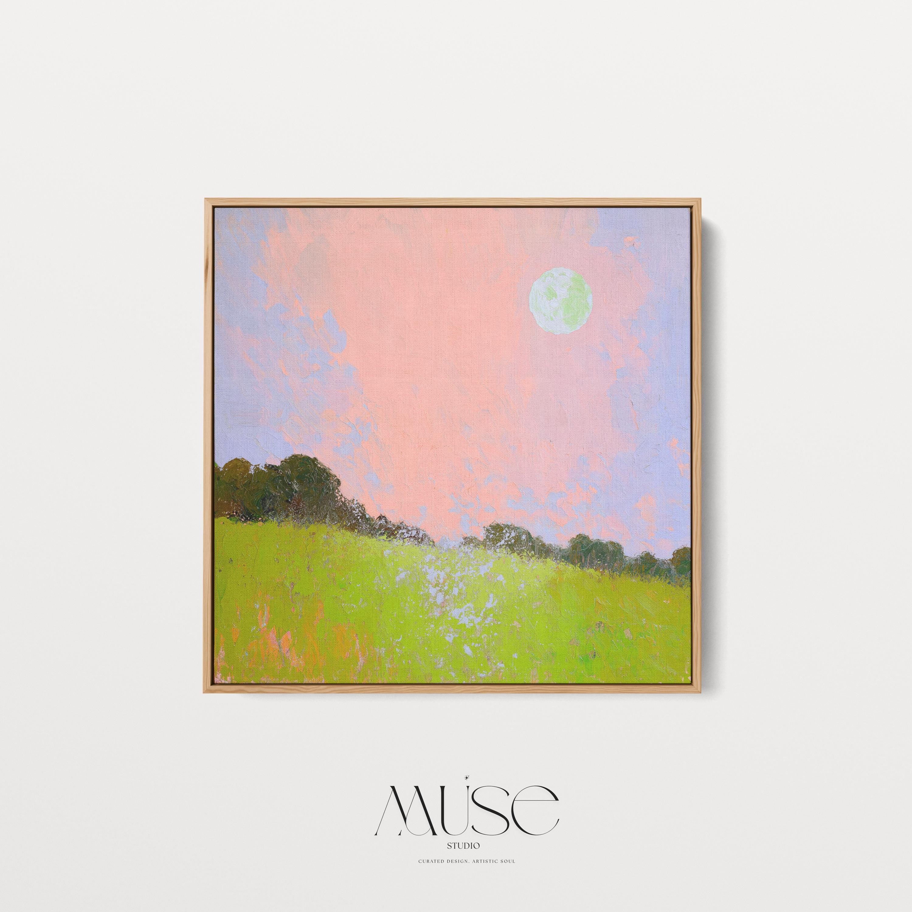 Framed Landscape Canvas Art Pink Sky Green Field Nature Inspired Surreal Whimsy Square Wall Decor for Bedroom Entryway Living Room 457