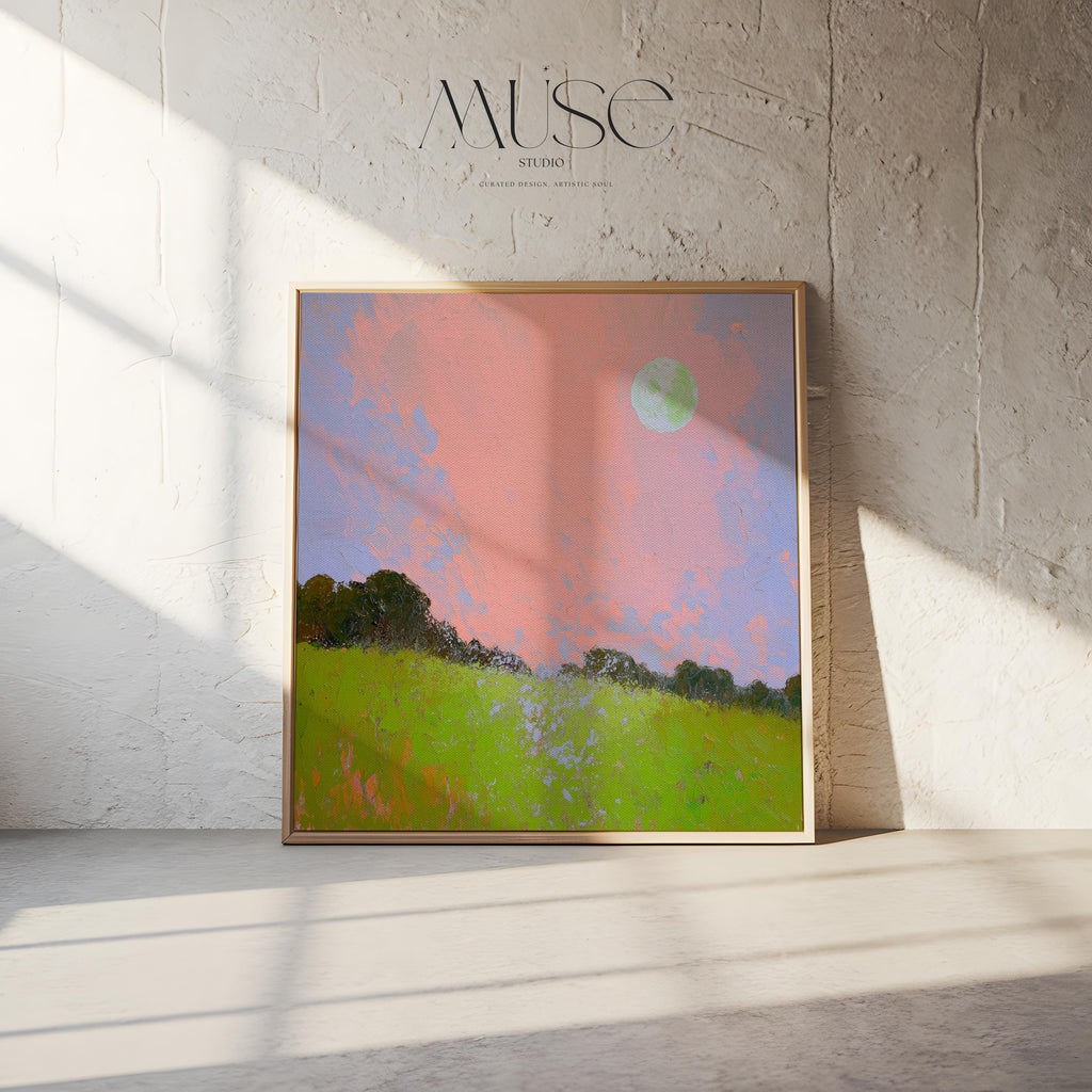 Framed Landscape Canvas Art Pink Sky Green Field Nature Inspired Surreal Whimsy Square Wall Decor for Bedroom Entryway Living Room 457