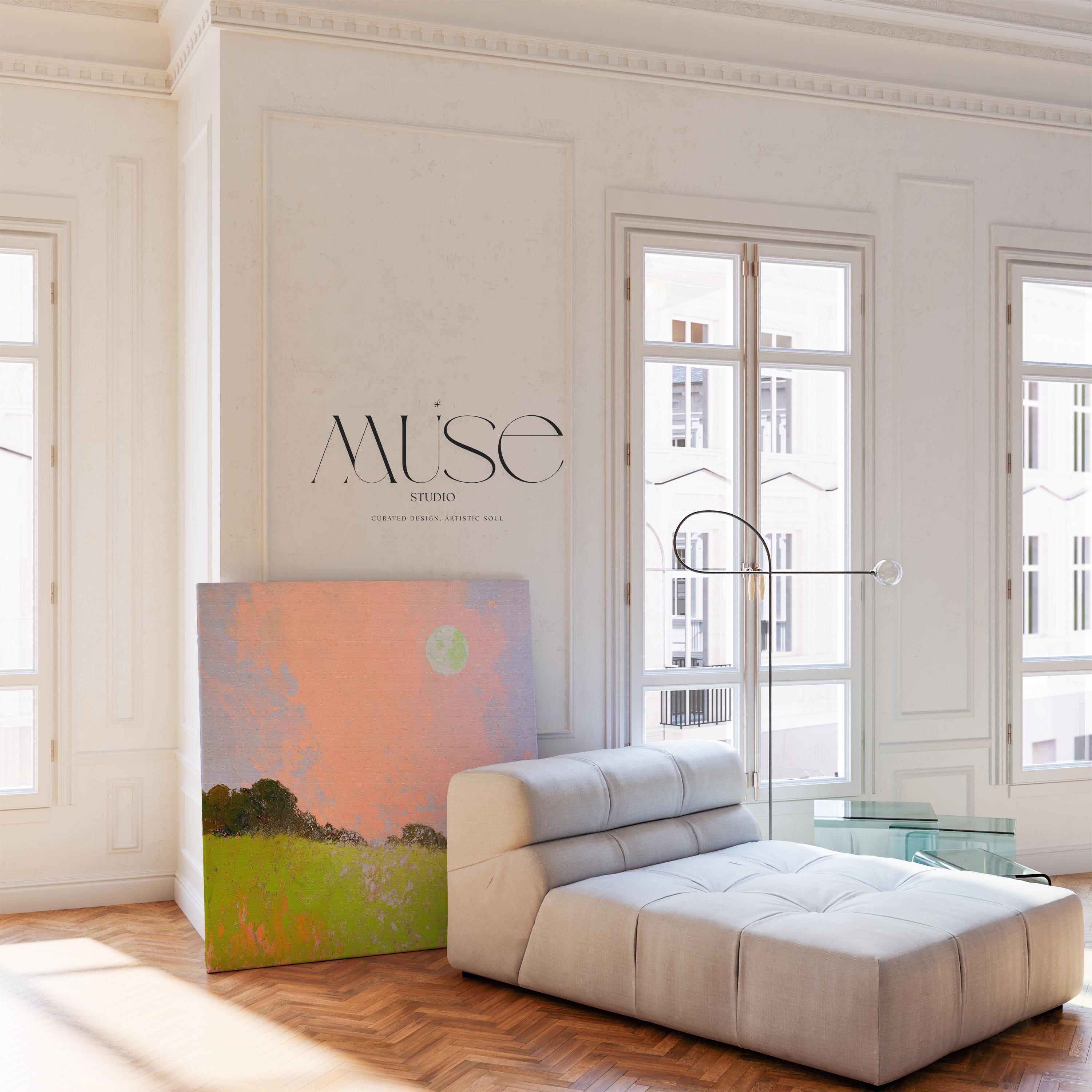 Large Landscape Canvas Art Pink Sky Green Field Surreal Nature Inspired Abstract Painting for Bedroom Living Room Wall Decor 457