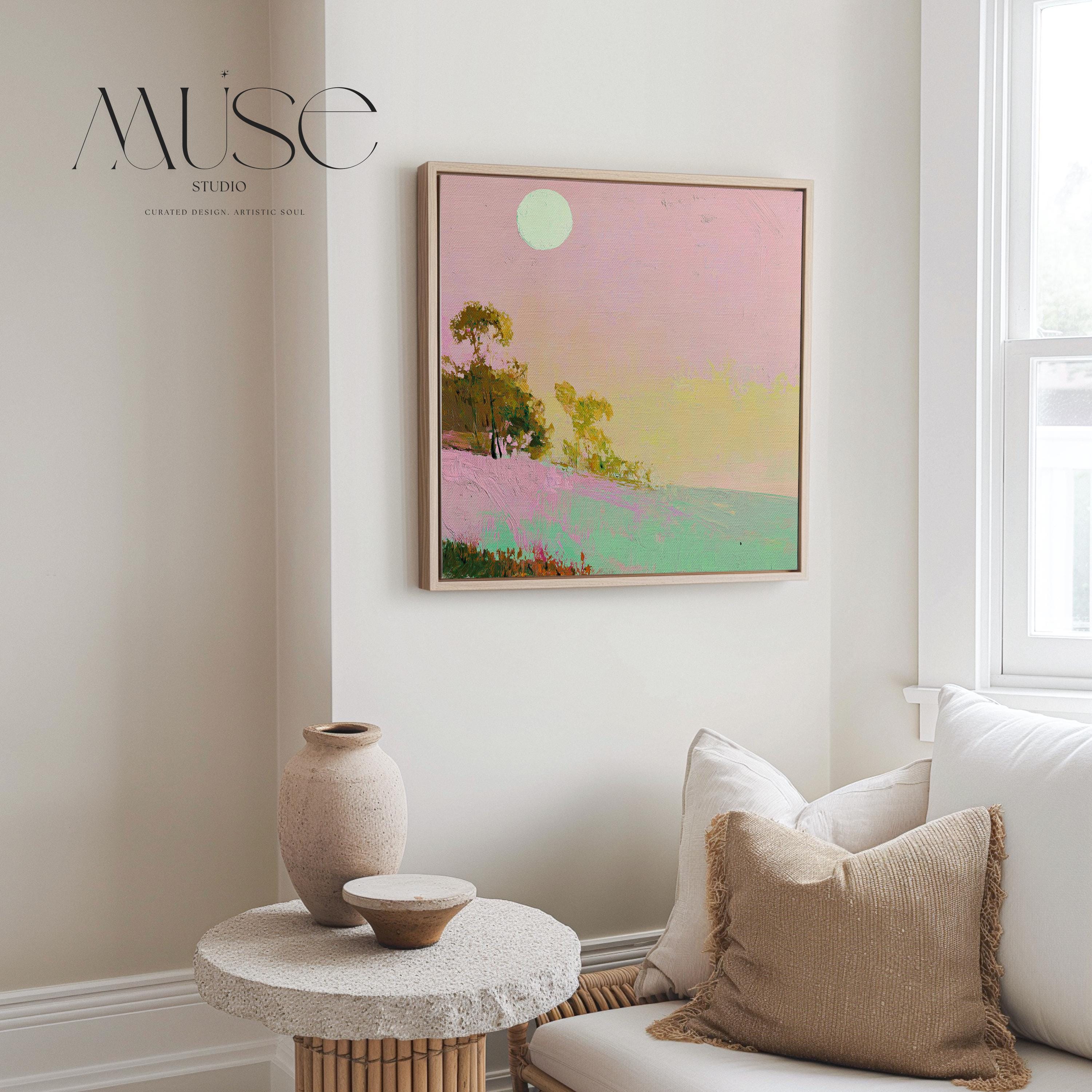 Framed Coastal Landscape Art Pink Green Summer Sky Abstract Wall Decor Surreal Whimsy Southern Coastal Design Bedroom Accent 458