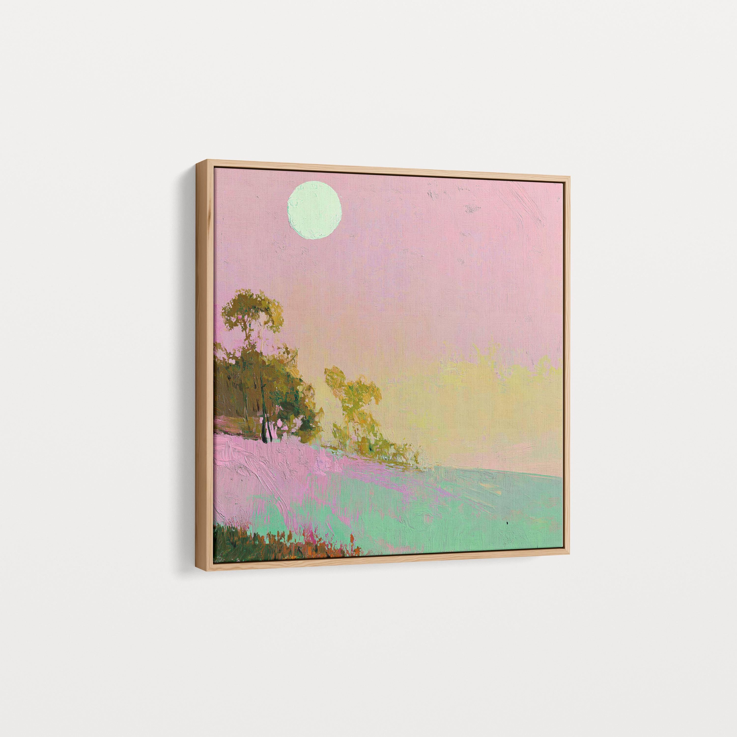 Framed Coastal Landscape Art Pink Green Summer Sky Abstract Wall Decor Surreal Whimsy Southern Coastal Design Bedroom Accent 458