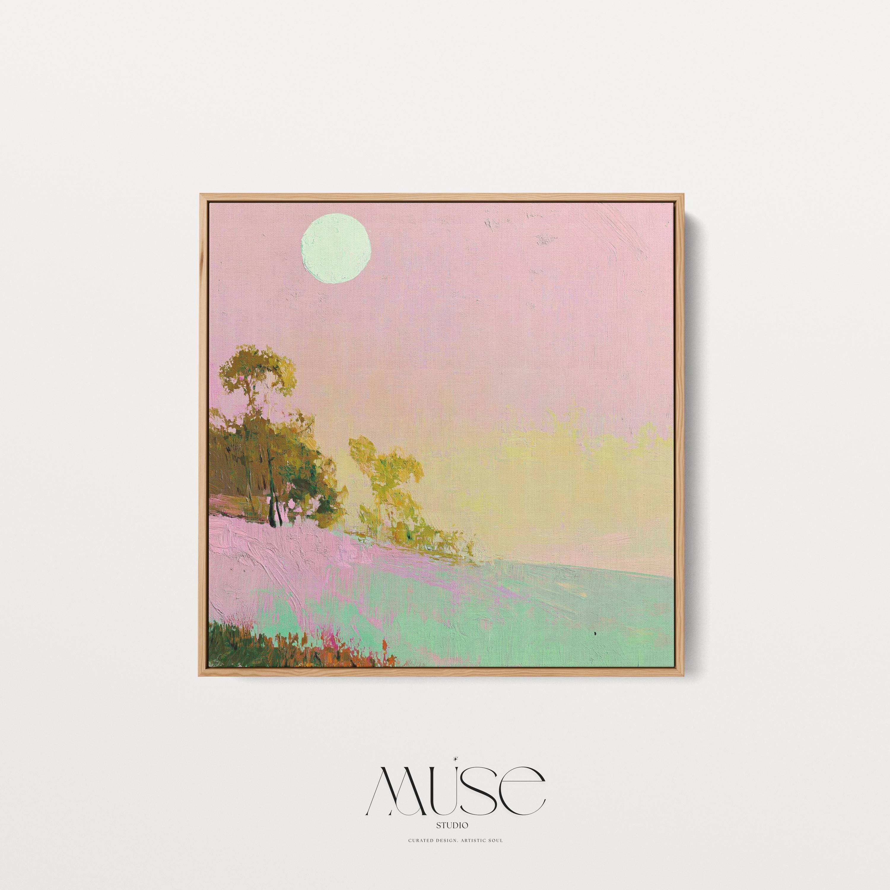 Framed Coastal Landscape Art Pink Green Summer Sky Abstract Wall Decor Surreal Whimsy Southern Coastal Design Bedroom Accent 458