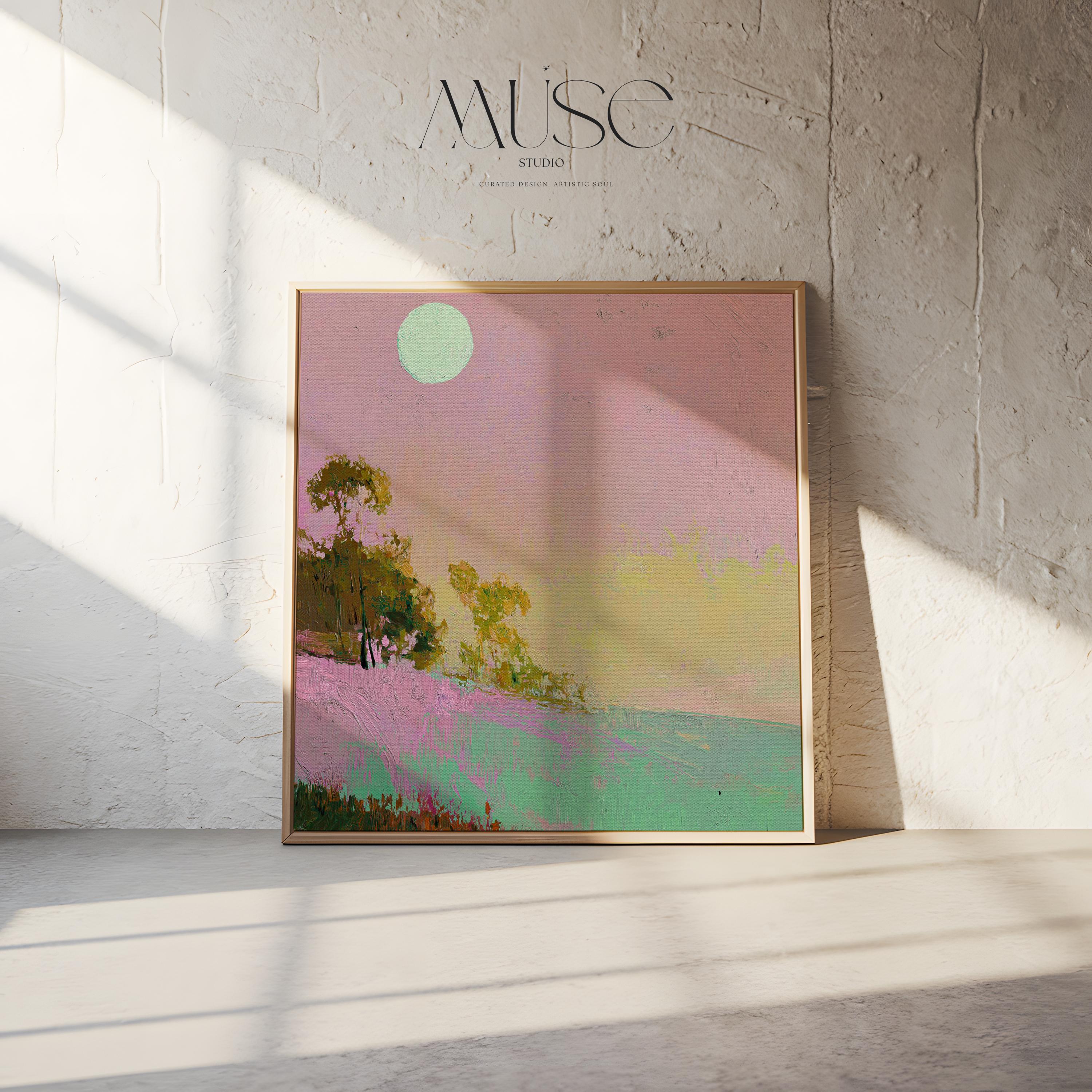 Framed Coastal Landscape Art Pink Green Summer Sky Abstract Wall Decor Surreal Whimsy Southern Coastal Design Bedroom Accent 458