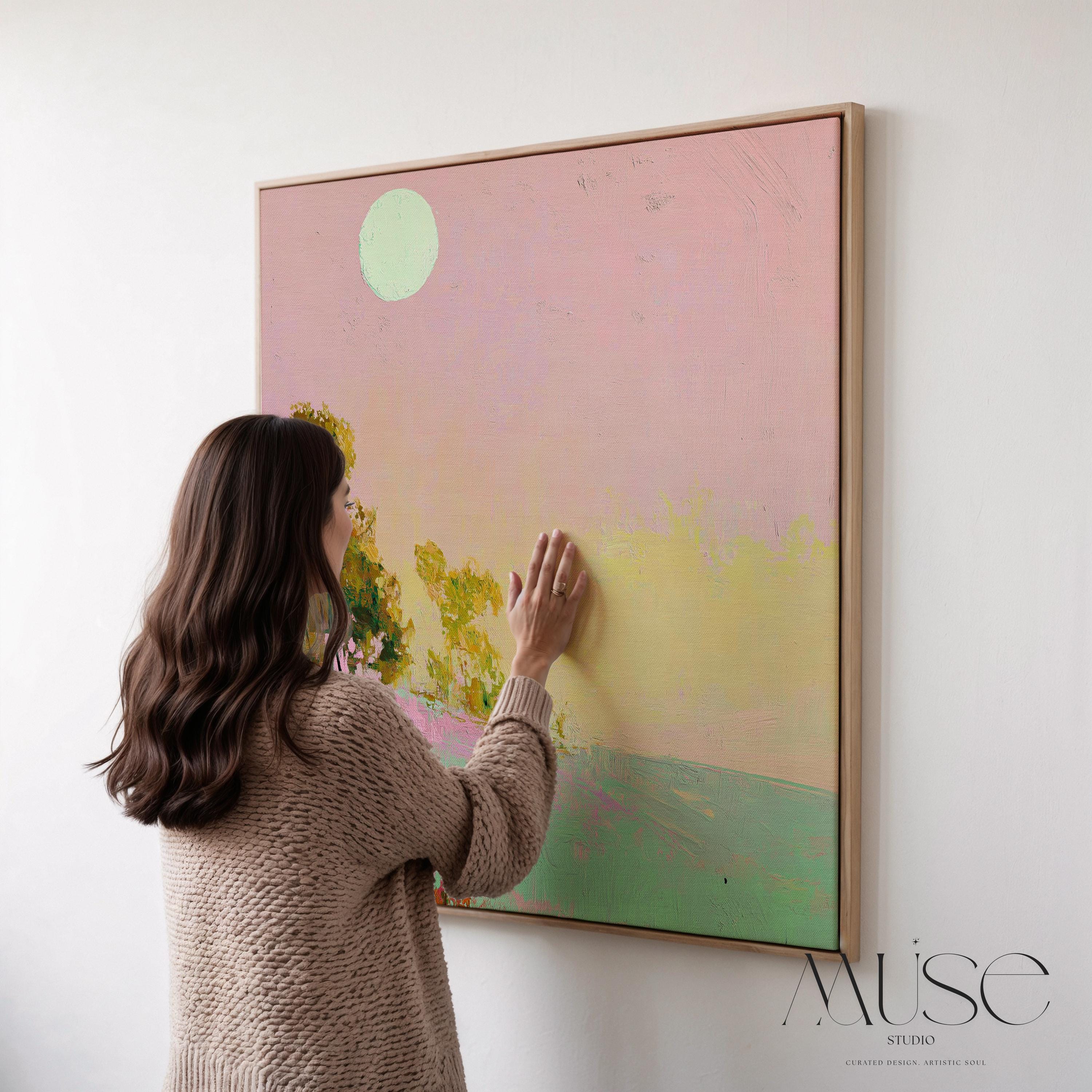 Framed Coastal Landscape Art Pink Green Summer Sky Abstract Wall Decor Surreal Whimsy Southern Coastal Design Bedroom Accent 458