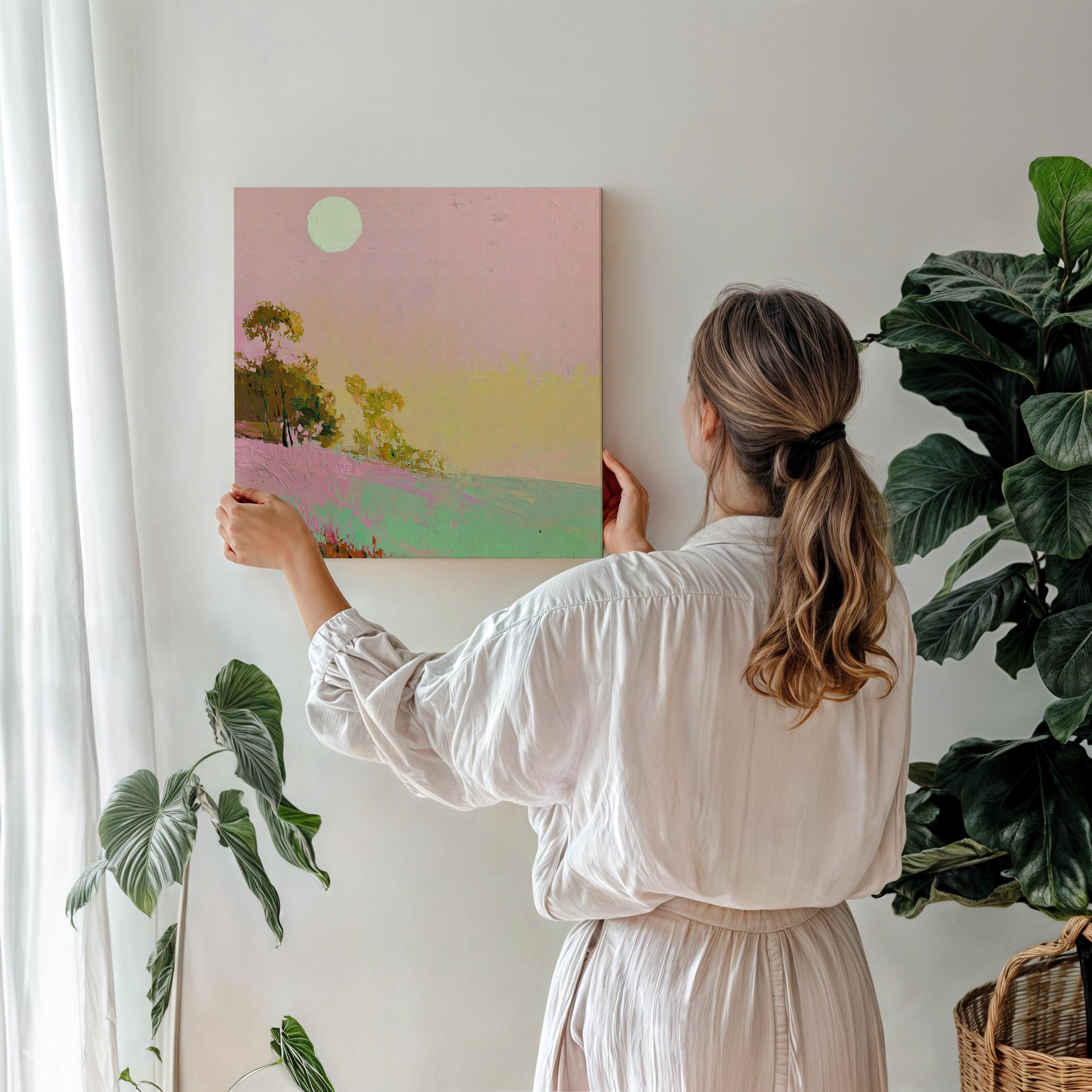 Summer Coastal Canvas Art Pink Sky Green Landscape Abstract Painting Surreal Nature Inspired Decor for Beach House Bedroom 458