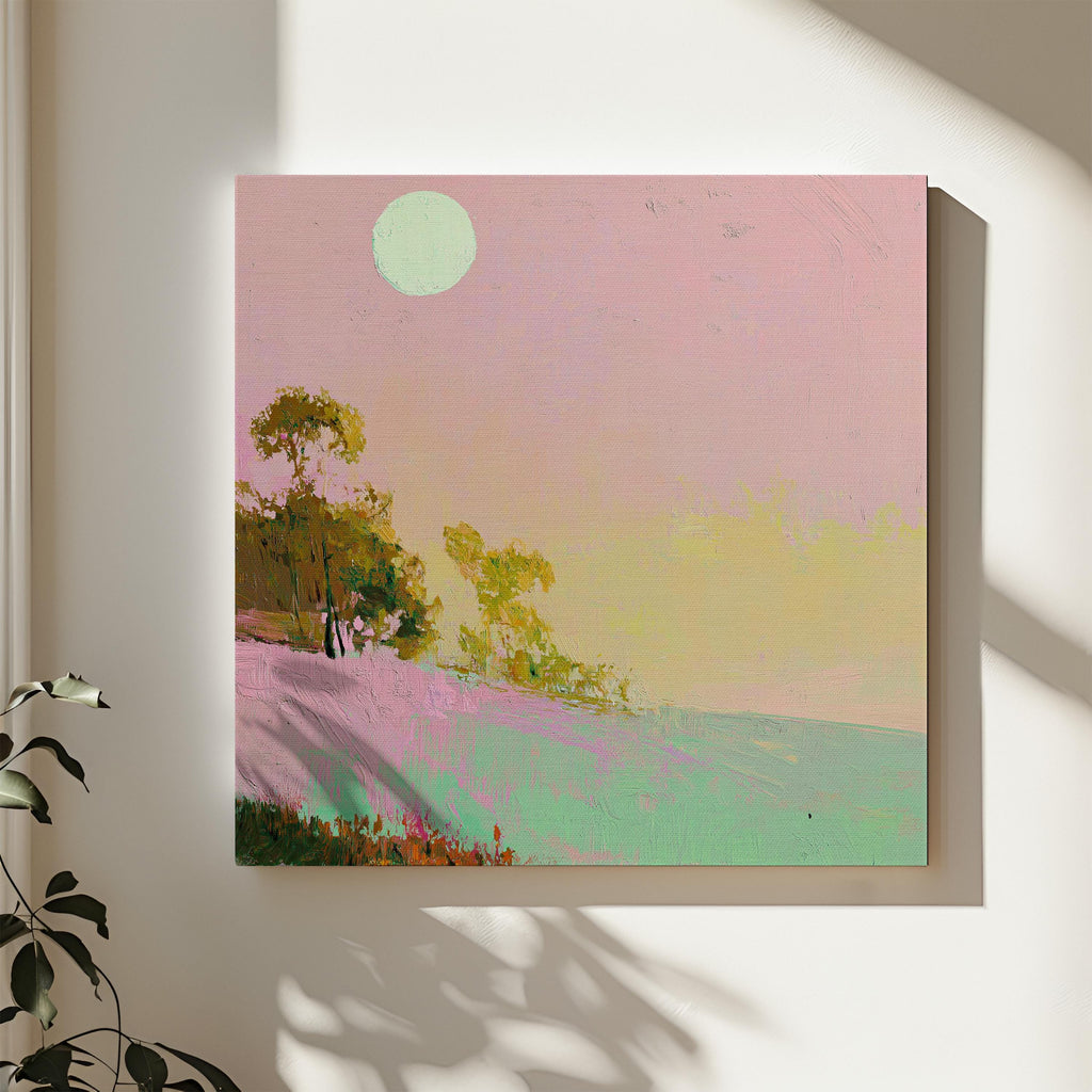 Summer Coastal Canvas Art Pink Sky Green Landscape Abstract Painting Surreal Nature Inspired Decor for Beach House Bedroom 458