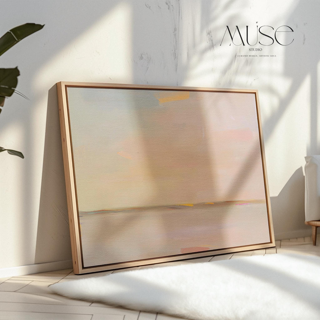 Framed Abstract Canvas Art Soft Horizon Pastel Sky Muted Modern Neutral Wall Decor Warm Minimalist Painting for Living Room 459 Framed Canvas Art Colorful abstract wall art on framed canvas, perfect for bold decor art and modern wall decor. Large statement piece with expressive brushstrokes and rich textures. Ready-to-hang giclée canvas designed to energize living rooms, offices, and curated interiors. Muse Studio Decor Art.