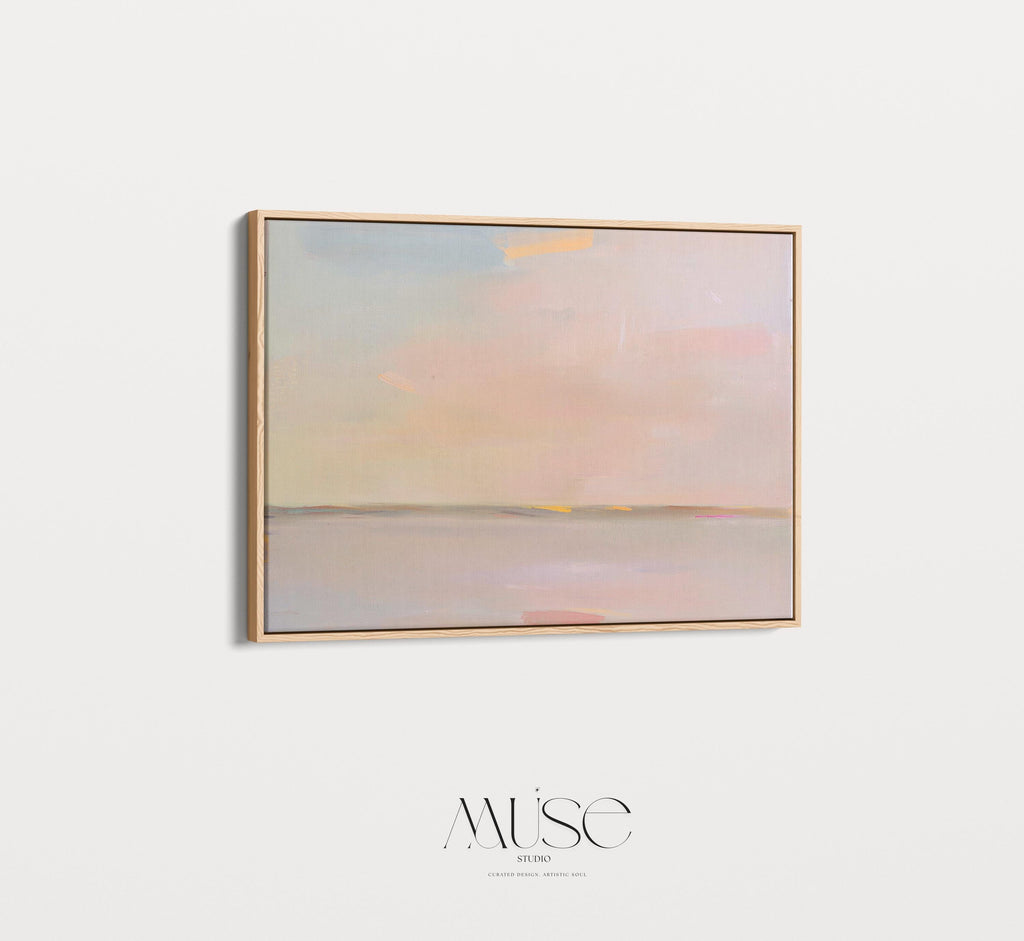 Framed Abstract Canvas Art Soft Horizon Pastel Sky Muted Modern Neutral Wall Decor Warm Minimalist Painting for Living Room 459 Framed Canvas Art Colorful abstract wall art on framed canvas, perfect for bold decor art and modern wall decor. Large statement piece with expressive brushstrokes and rich textures. Ready-to-hang giclée canvas designed to energize living rooms, offices, and curated interiors. Muse Studio Decor Art.