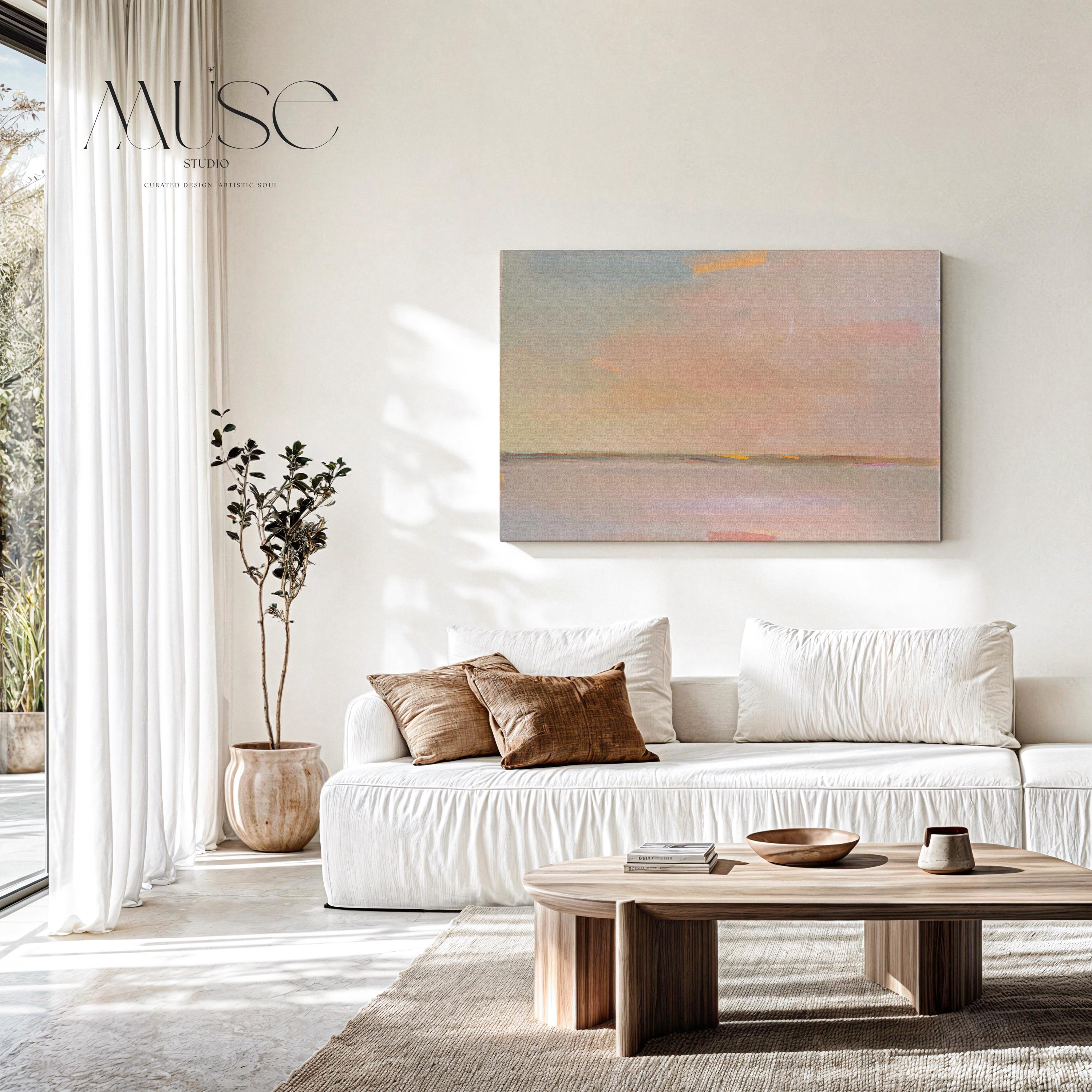 Large Canvas Wall Art Soft Neutral Horizon Abstract Painting Muted Modern Pastel Tones Warm Minimalist Decor for Bedroom or Living 459 Stretched Canvas Art Large abstract wall decor on stretched canvas, gallery-wrapped and ready to hang. Perfect for colorful wall art in living rooms, office spaces, and design projects. Giclée canvas print with bold brushwork and vibrant modern style for impactful home decor. Muse Studio Decor Art.