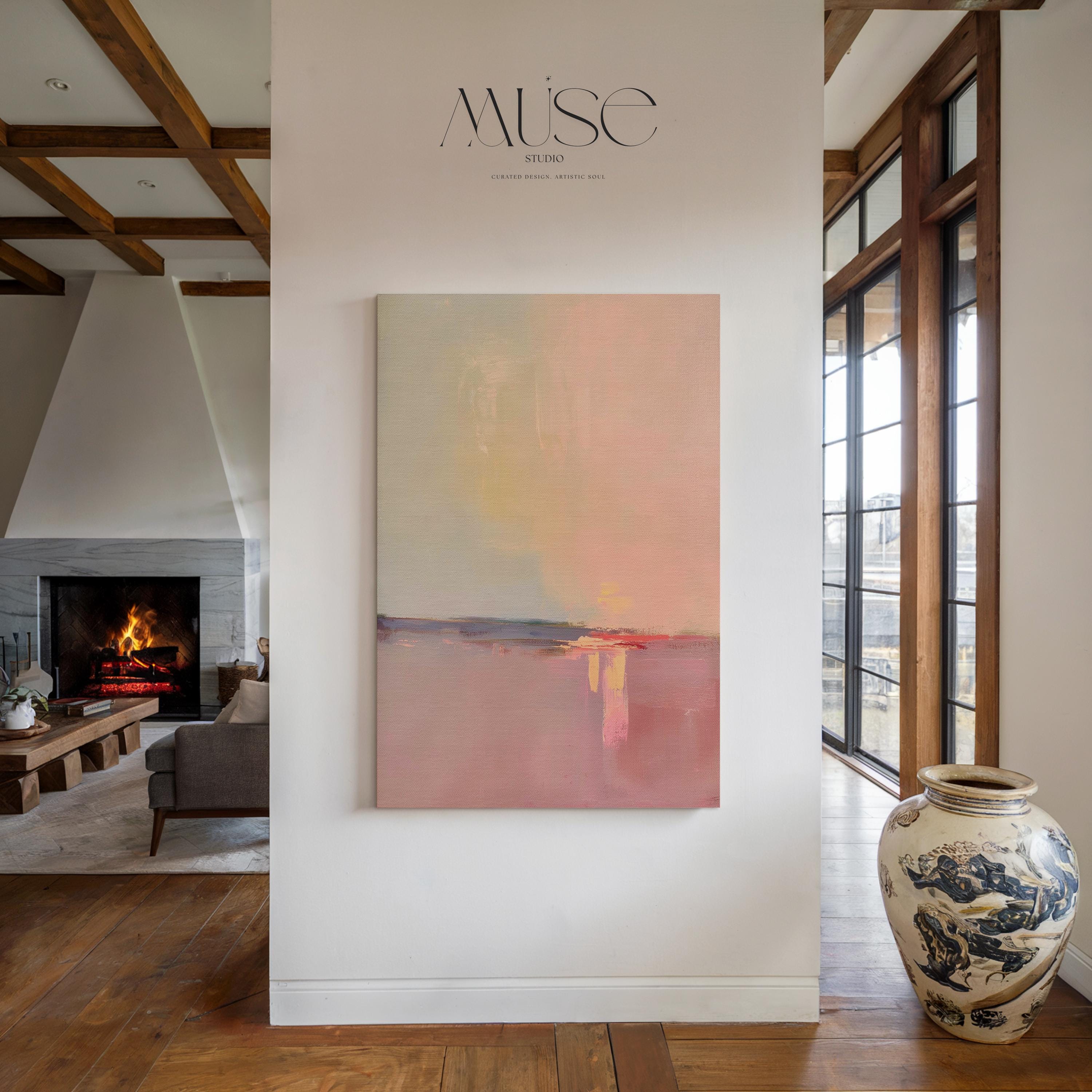 Large Canvas Wall Art Pink Blush Peach Vertical Horizon Painting Warm Minimalist Abstract for Living Room Entryway Decor 460