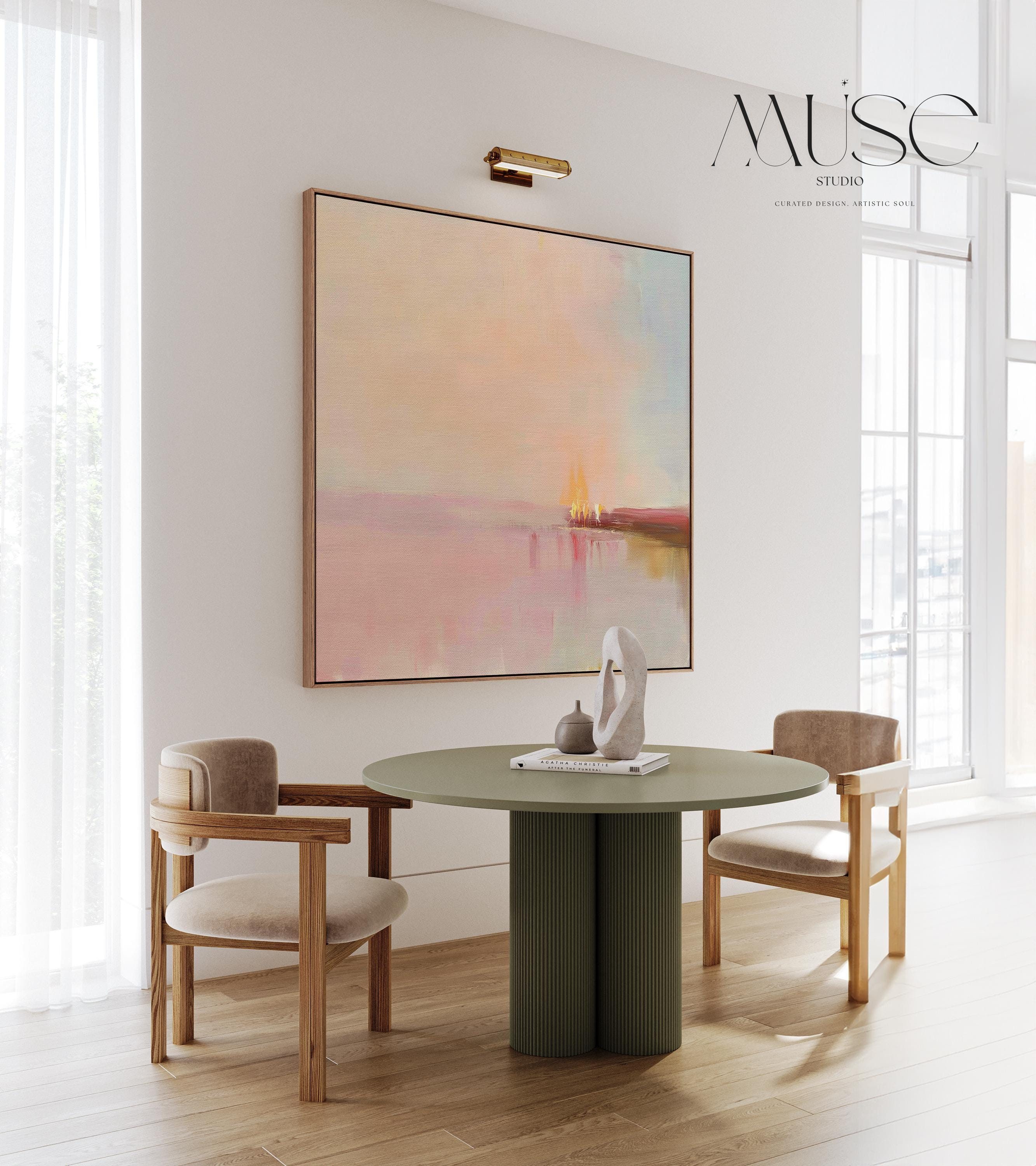 Framed Abstract Canvas Art Blush Pink Horizon Pastel Landscape Soft Glow Warm Minimalist Decor for Dining Room Entryway 461 Framed Canvas Art Colorful abstract wall art on framed canvas, perfect for bold decor art and modern wall decor. Large statement piece with expressive brushstrokes and rich textures. Ready-to-hang giclée canvas designed to energize living rooms, offices, and curated interiors. Muse Studio Decor Art.