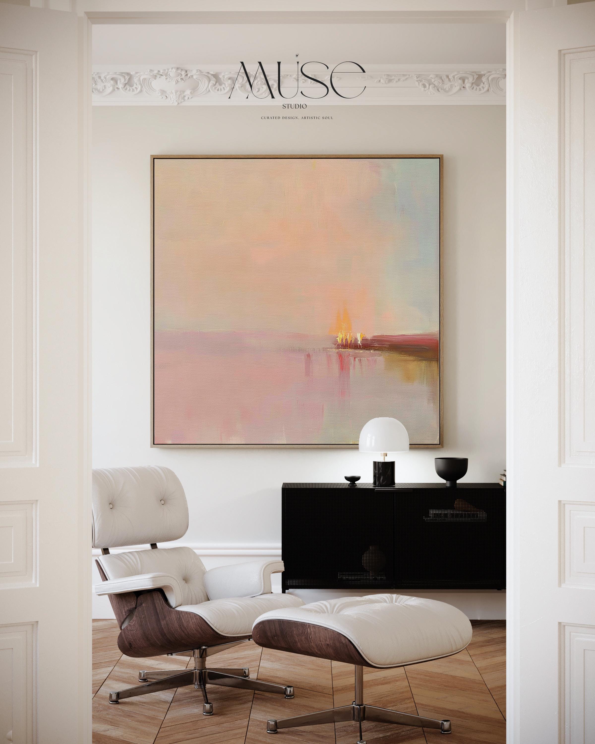 Framed Abstract Canvas Art Blush Pink Horizon Pastel Landscape Soft Glow Warm Minimalist Decor for Dining Room Entryway 461