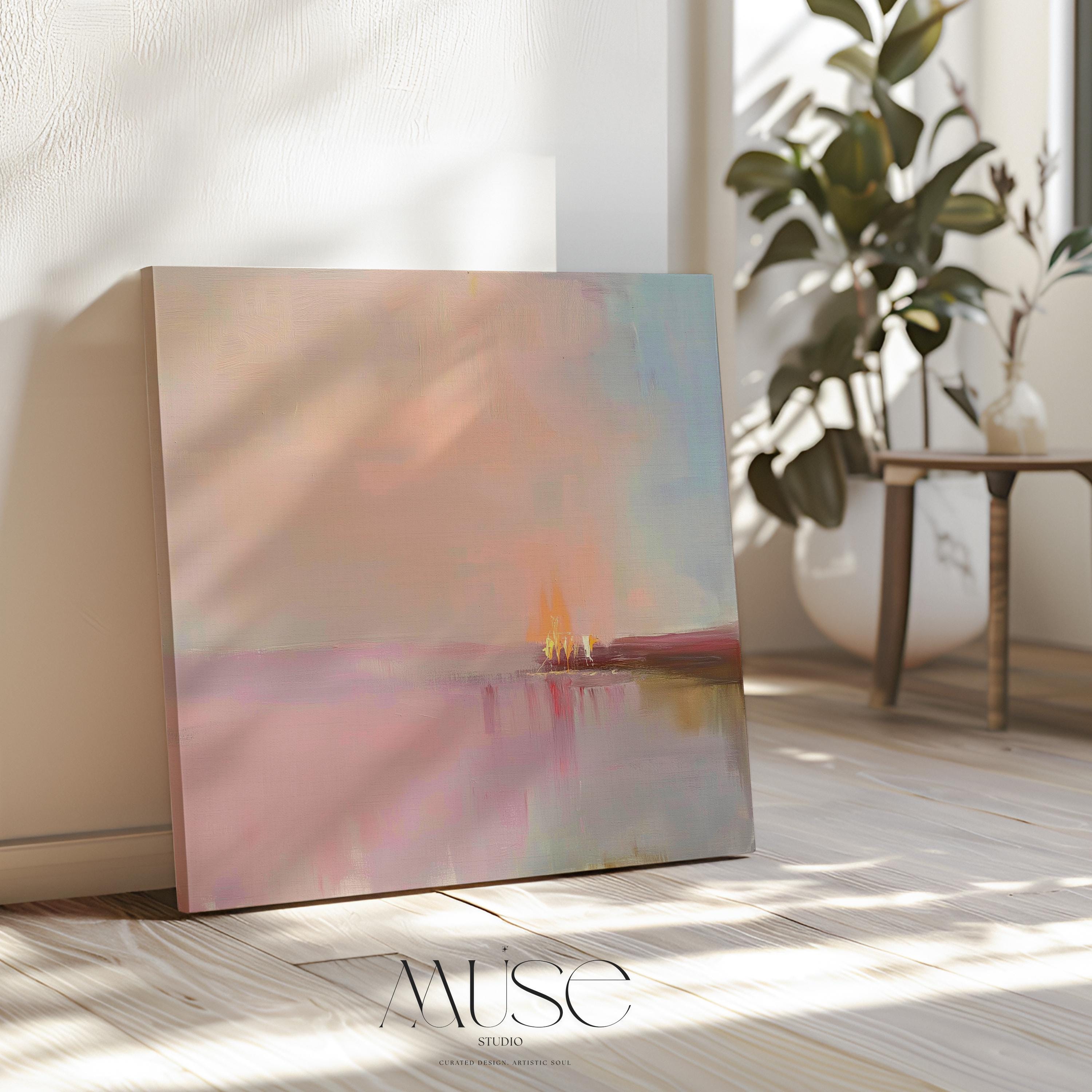 Large Canvas Wall Art Soft Pastel Horizon Abstract Painting Blush Pink Glow Warm Minimalist Decor for Bedroom Dining Room 461 Stretched Canvas Art Large abstract wall decor on stretched canvas, gallery-wrapped and ready to hang. Perfect for colorful wall art in living rooms, office spaces, and design projects. Giclée canvas print with bold brushwork and vibrant modern style for impactful home decor. Muse Studio Decor Art.