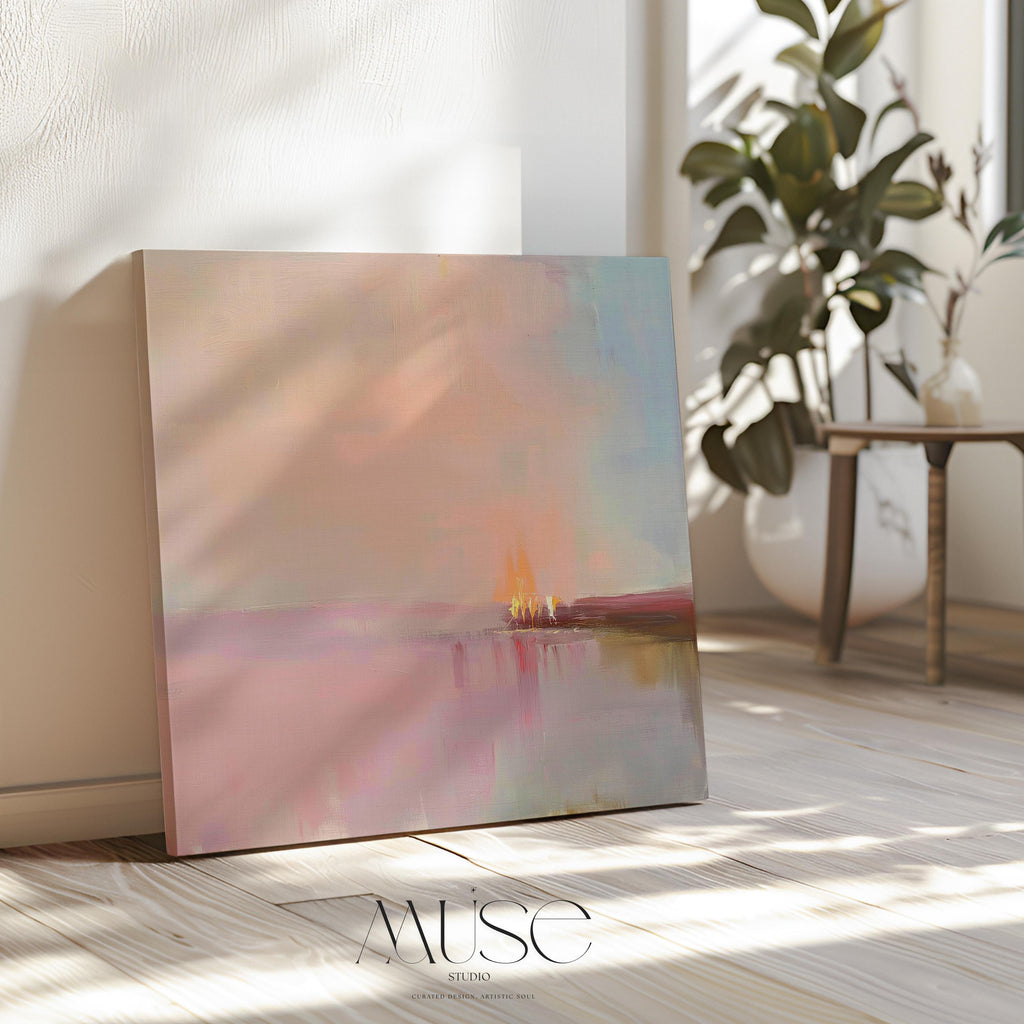 Large Canvas Wall Art Soft Pastel Horizon Abstract Painting Blush Pink Glow Warm Minimalist Decor for Bedroom Dining Room 461 Stretched Canvas Art Large abstract wall decor on stretched canvas, gallery-wrapped and ready to hang. Perfect for colorful wall art in living rooms, office spaces, and design projects. Giclée canvas print with bold brushwork and vibrant modern style for impactful home decor. Muse Studio Decor Art.