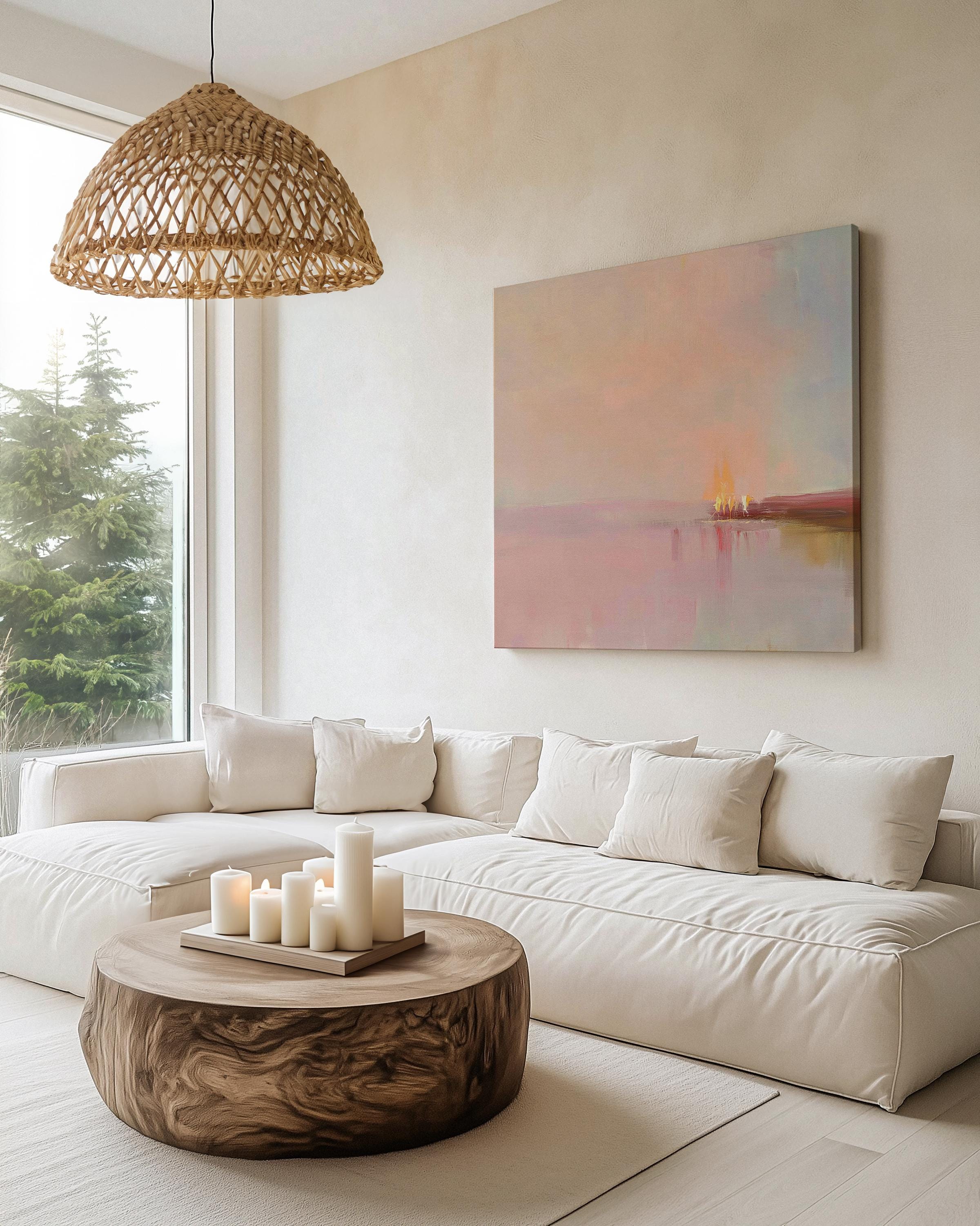 Large Canvas Wall Art Soft Pastel Horizon Abstract Painting Blush Pink Glow Warm Minimalist Decor for Bedroom Dining Room 461