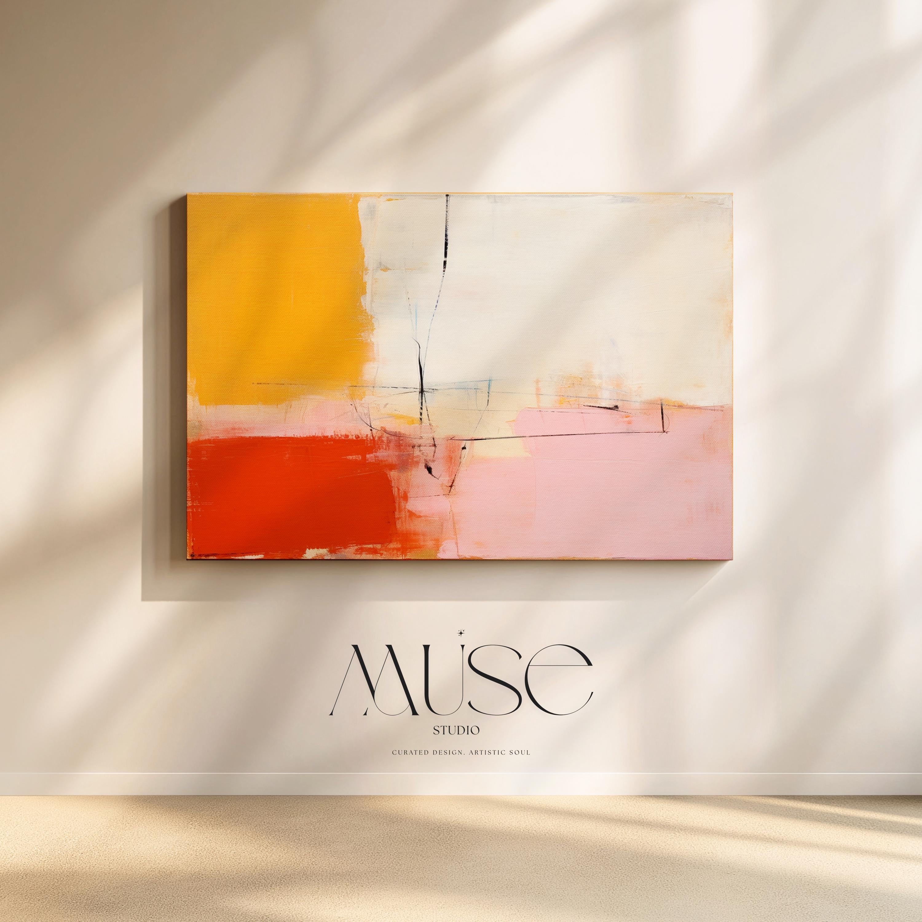 Modern Color Block Canvas Art in Red Pink and Yellow, Horizontal Wall Art for Living Room, Abstract Wall Art Bold Decor Interiors 109